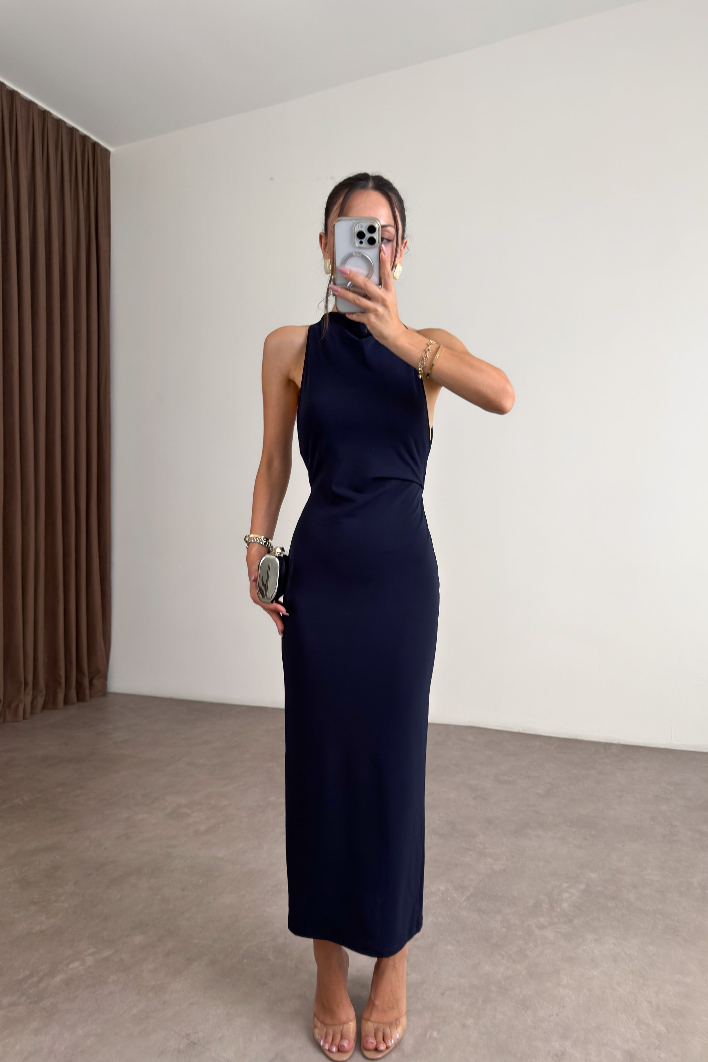 Zr Halter Yaka Sırt Dekolteli Midi Lacivert Elbise