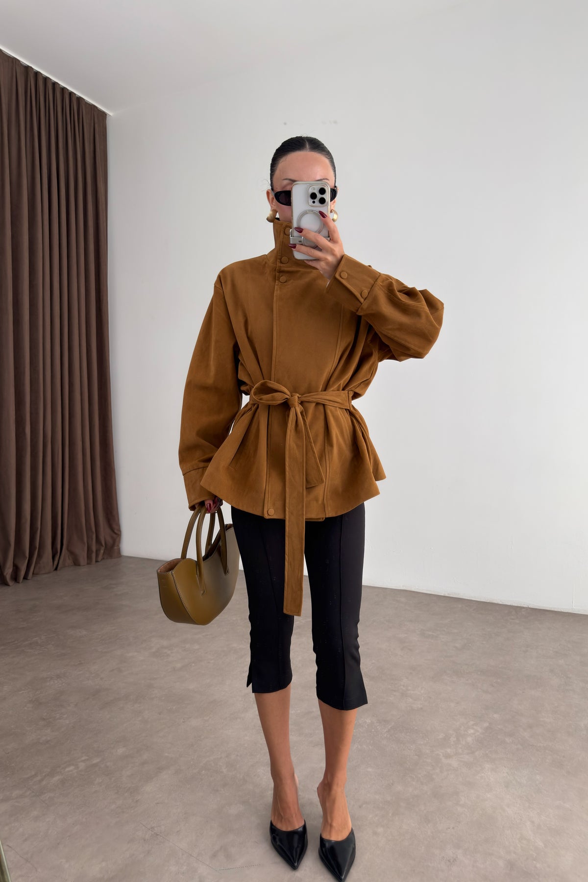 Premium Dik Yakalı Bele Oturan Süet Camel Ceket