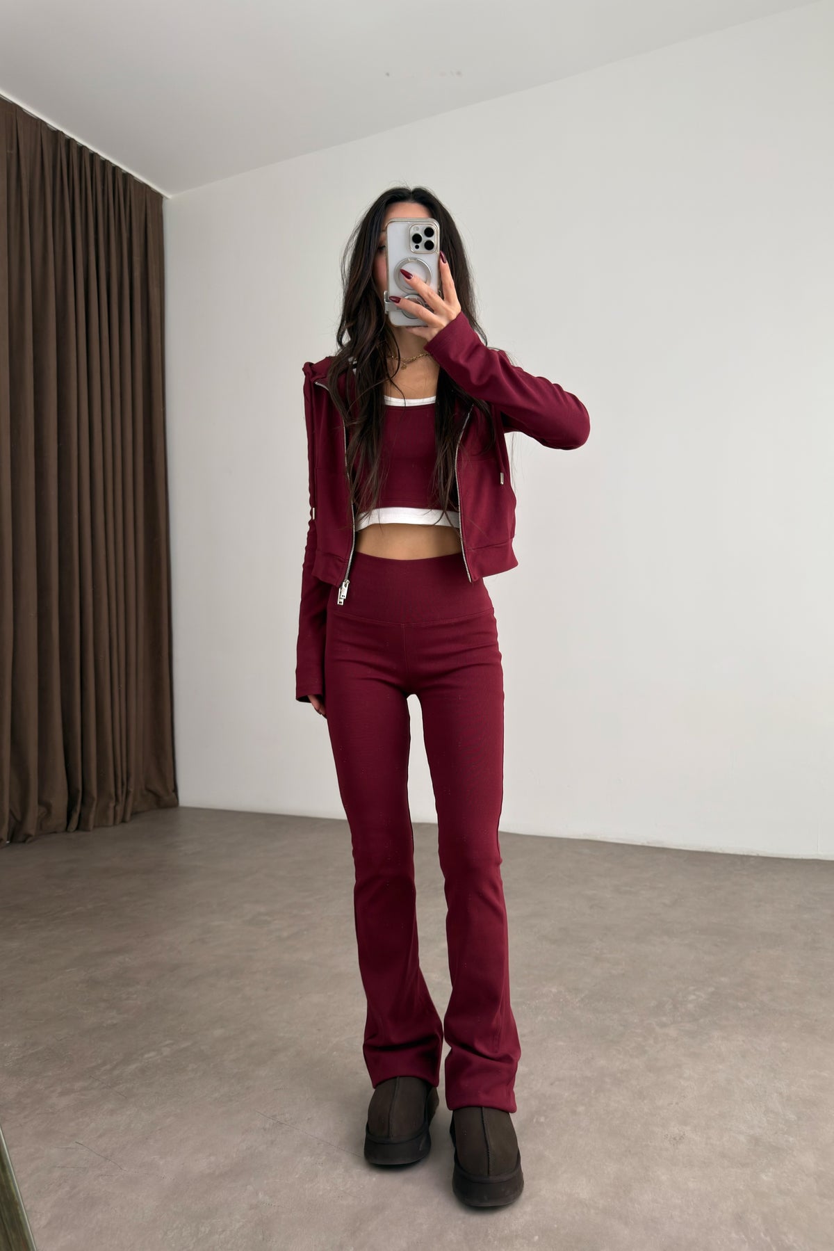 Flare Pantolon Ceket 3'lü Bordo Spor Takım