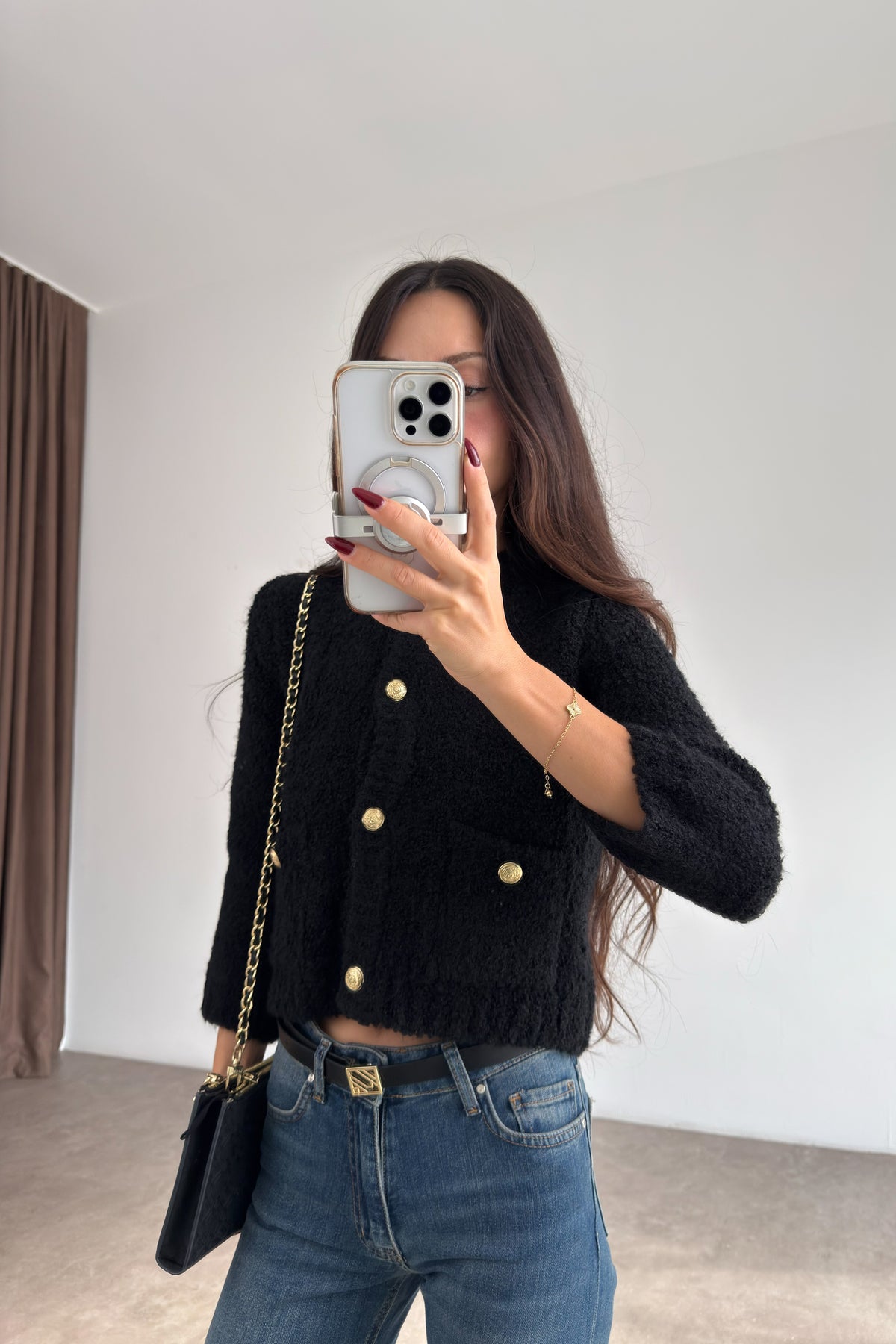 Zra Orj Gold Düğmeli Teddy Siyah Hırka