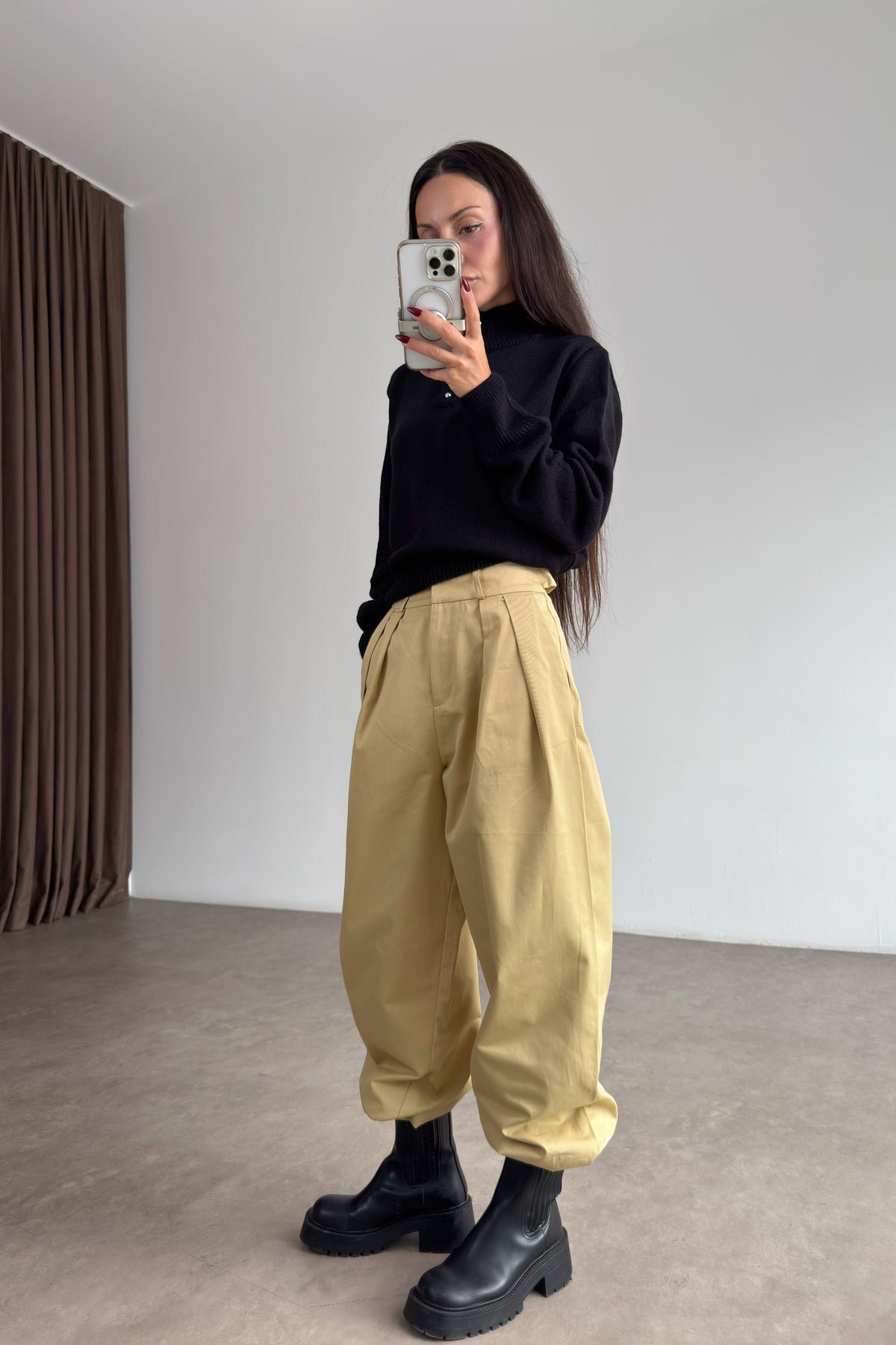 Pensli Yüksek Belli Bej Wide Leg Pantolon