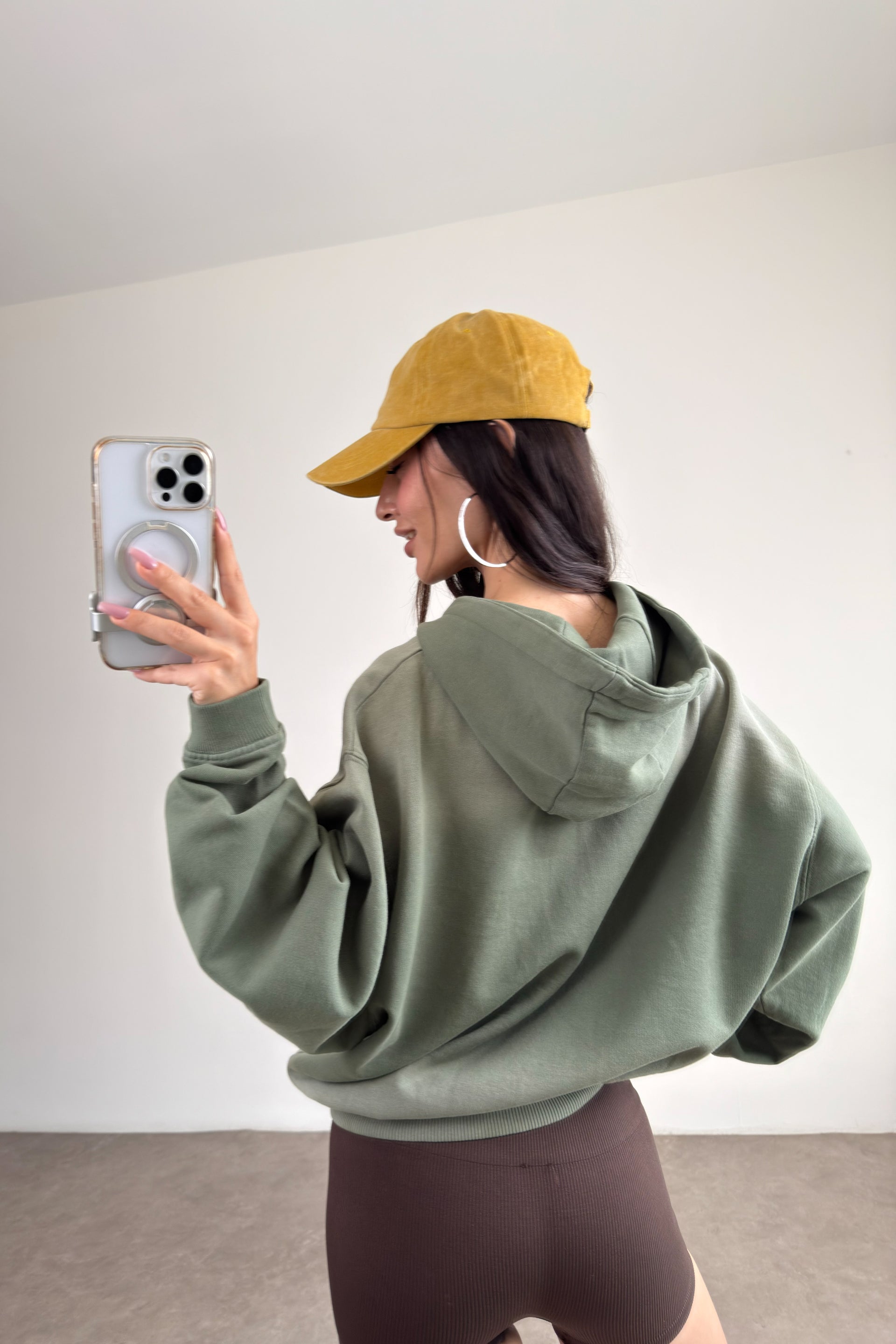 Orijinal Marka Kapüşonlu Asit Efektli Yeşil Sweatshirt