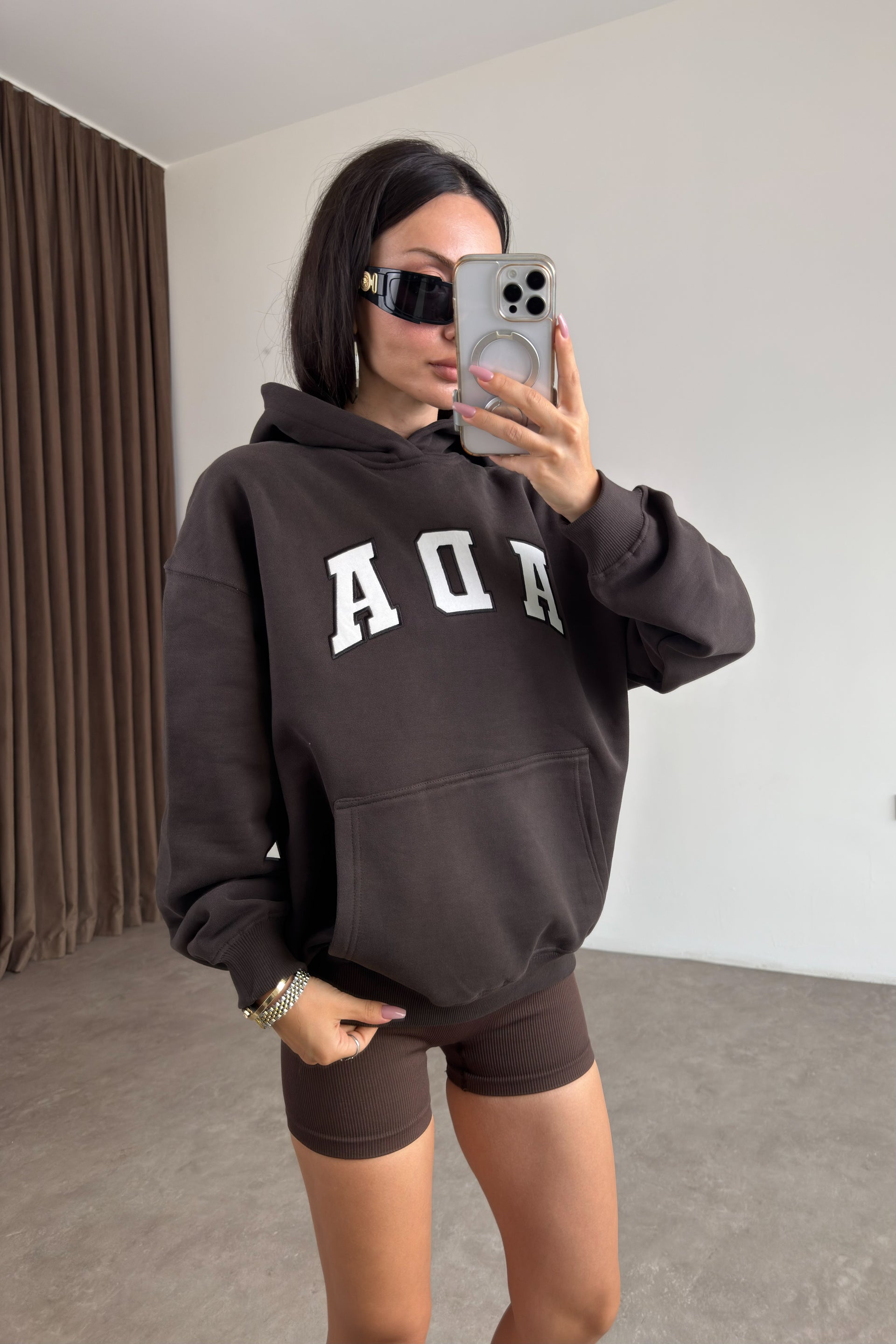 Orijinal Marka Ada Kahve Kapüşonlu Şardonlu Sweatshirt