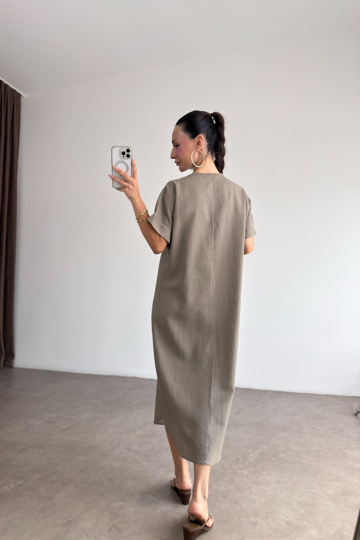 Premium Linen Keten Elbise Vizon