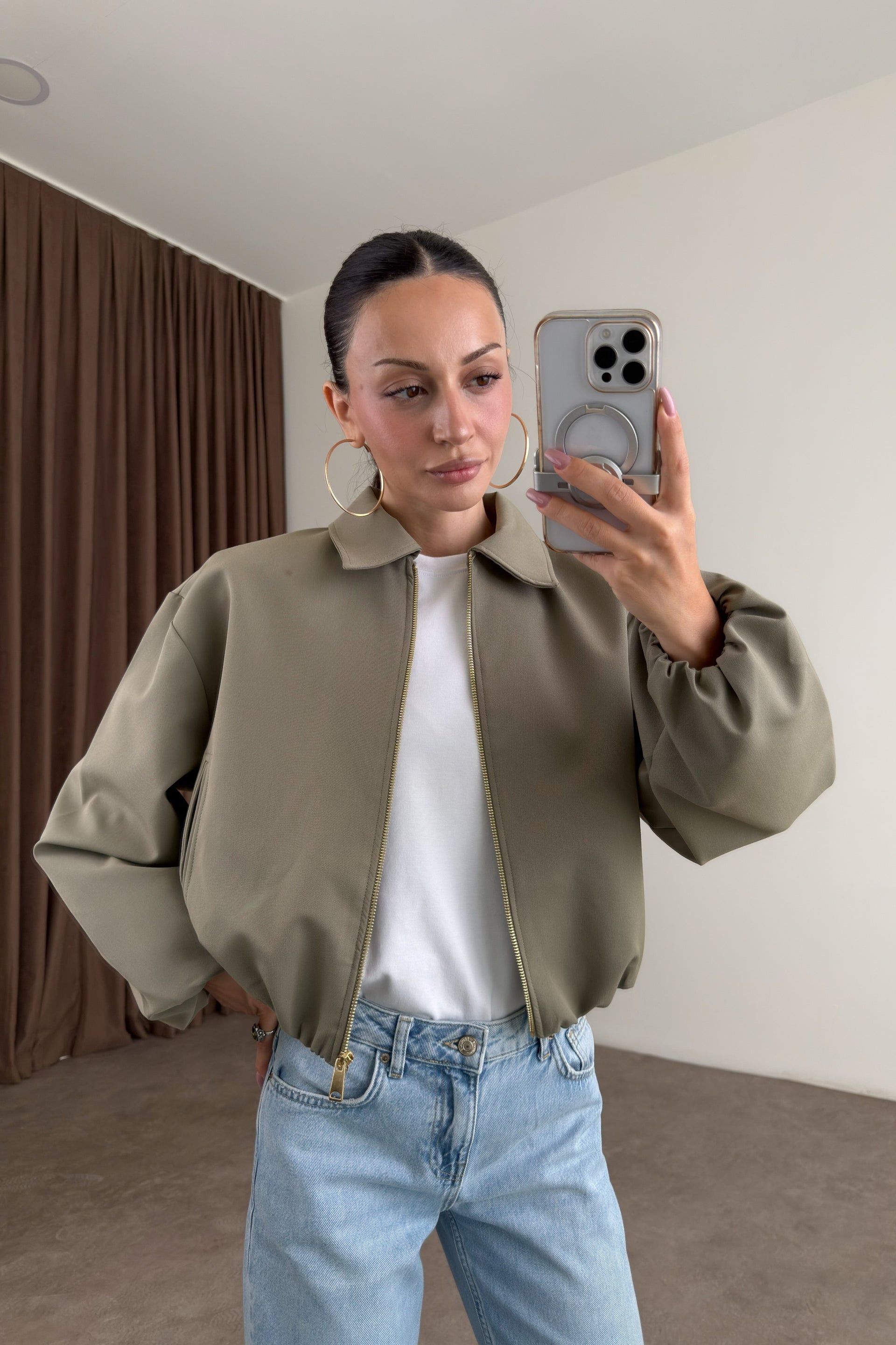 Premium Polo Yaka Haki Bomber Ceket