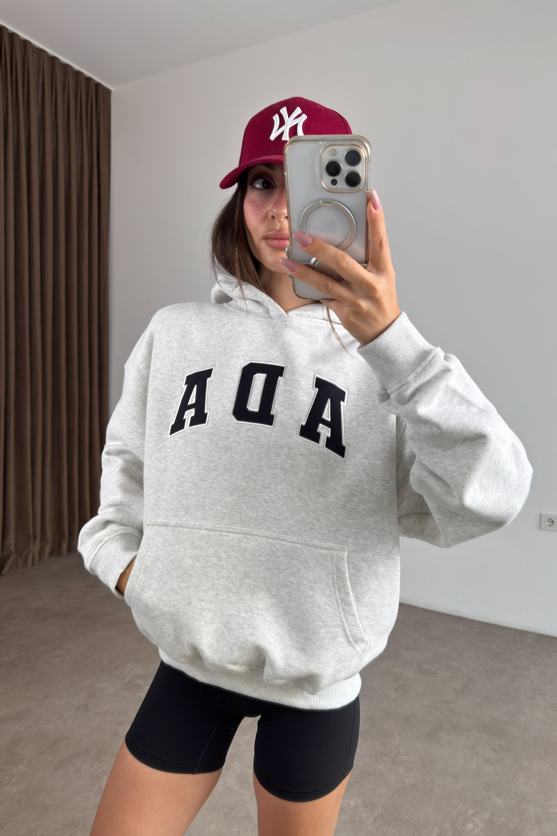 Orijinal Marka Ada Gri Melanj Kapüşonlu Şardonlu Sweatshirt