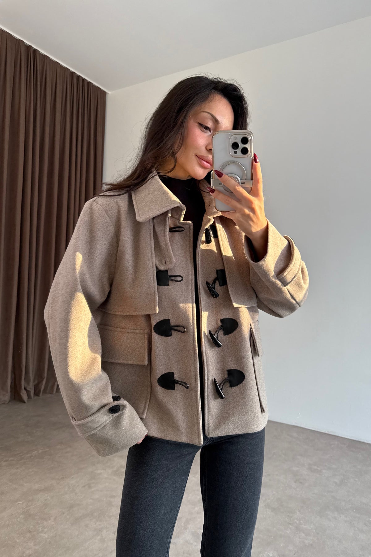 Duffle Kaşe Kısa Bej Kaban