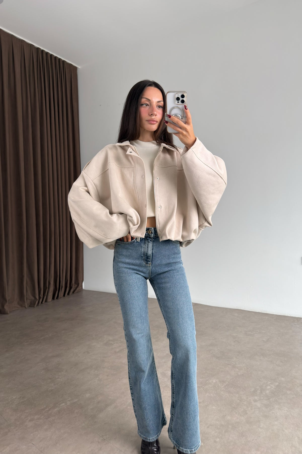 Premium Bej Süet Bomber Ceket