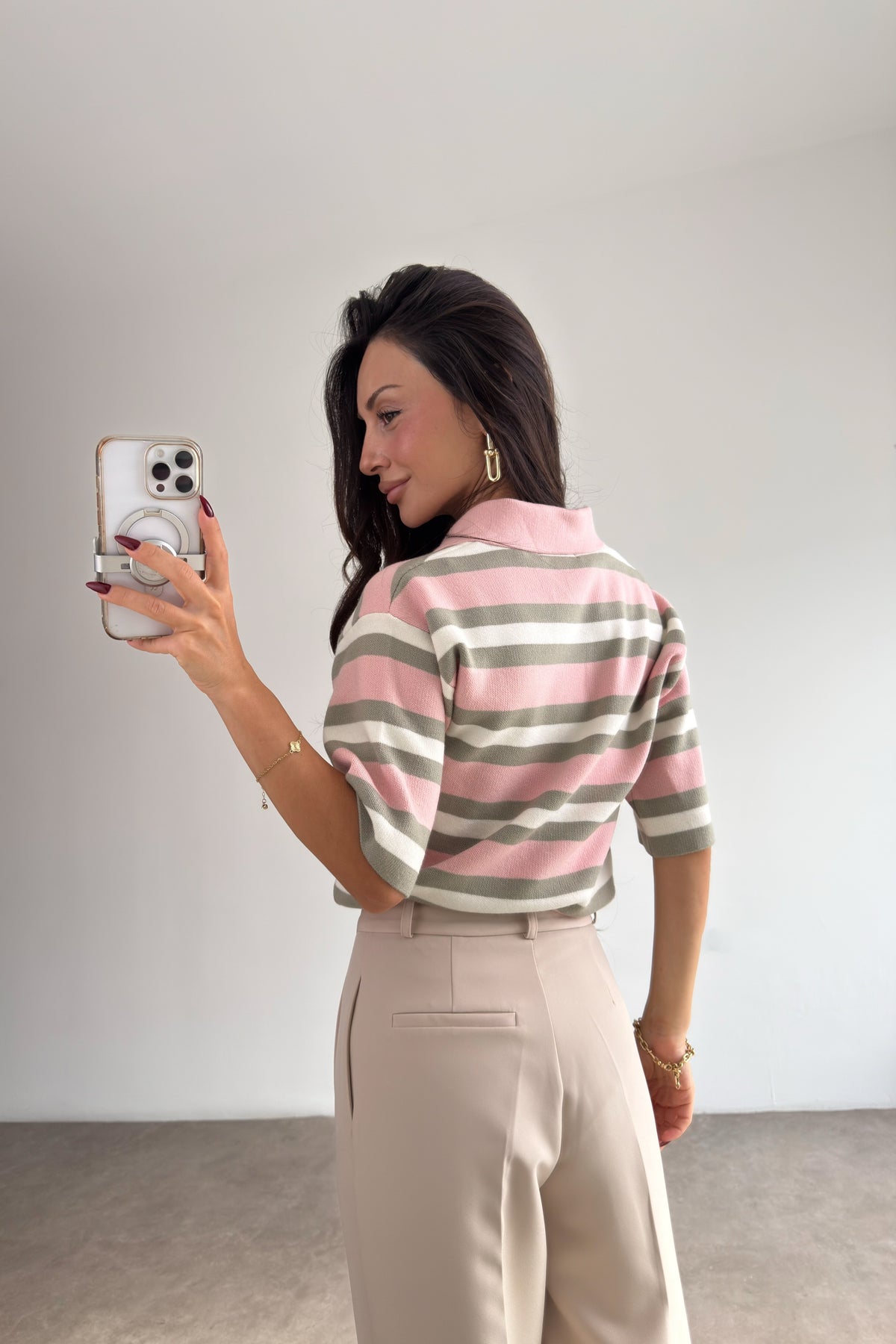 Asos Orj Pembe Çizgili Polo Yaka Kazak
