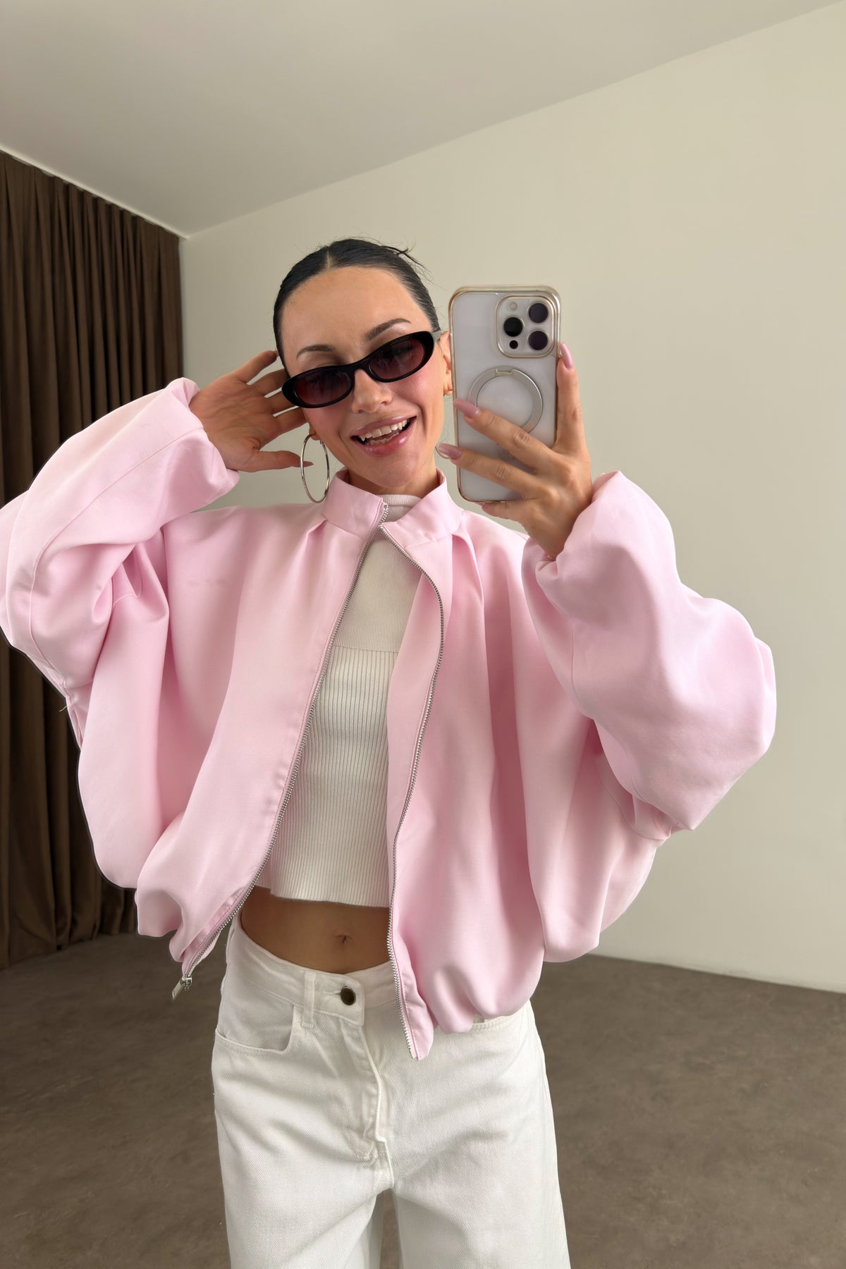 Bomber Dik Yaka Fermuarlı Pembe Ceket