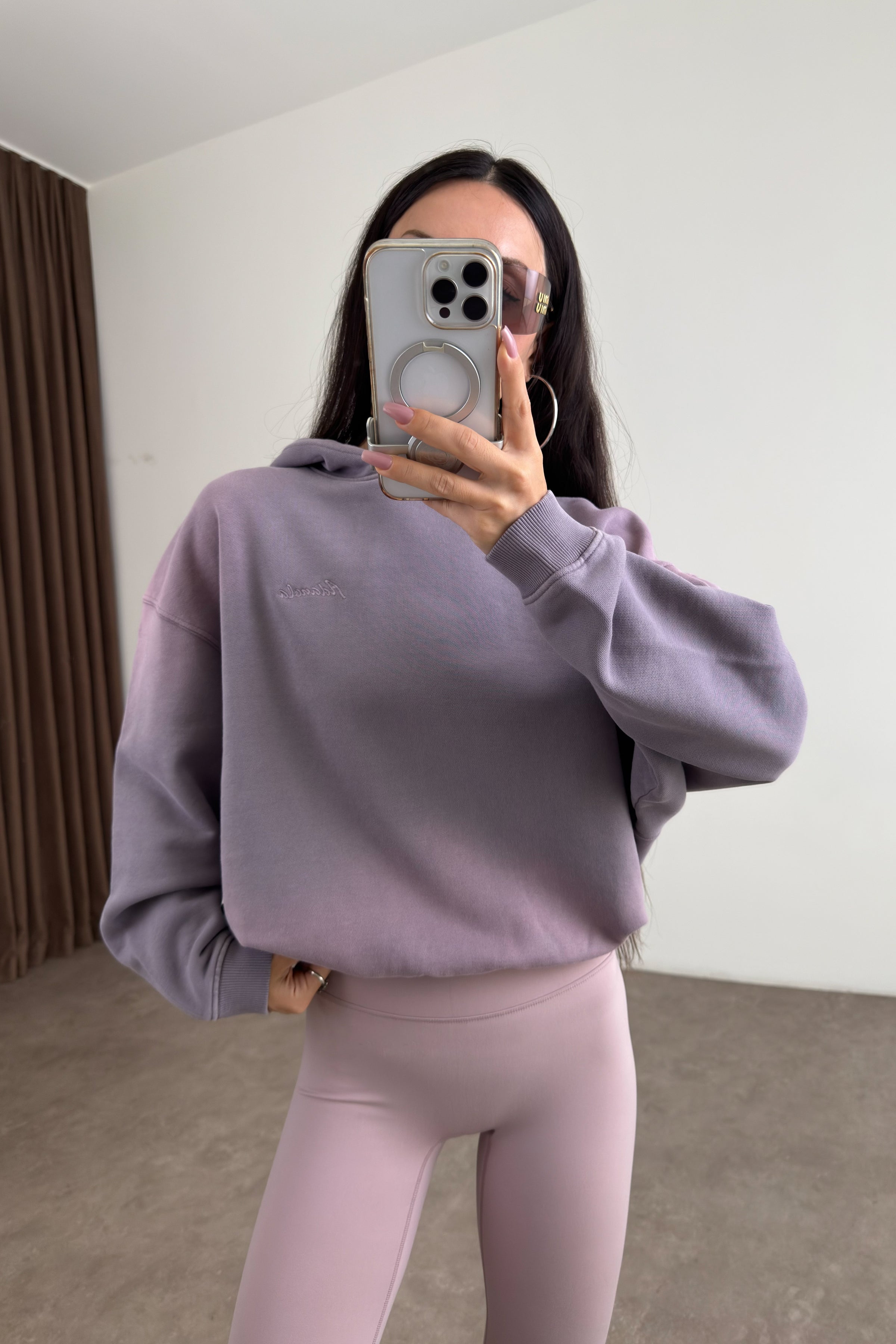 Orijinal Marka Kapüşonlu Asit Efektli Lila Sweatshirt