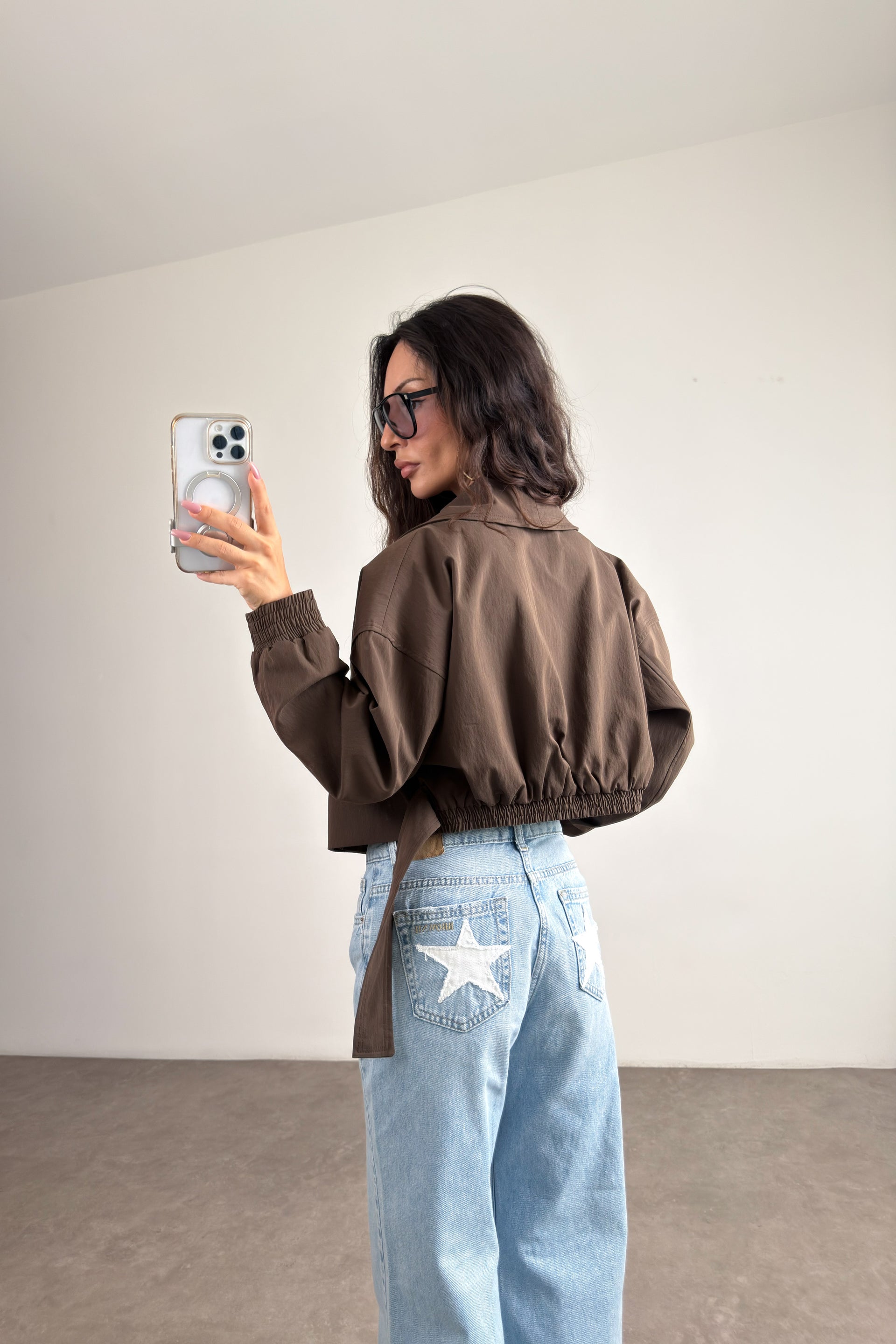 Kruvaze Kesim Şal Yaka Kemerli Walnut Bomber Trençkot