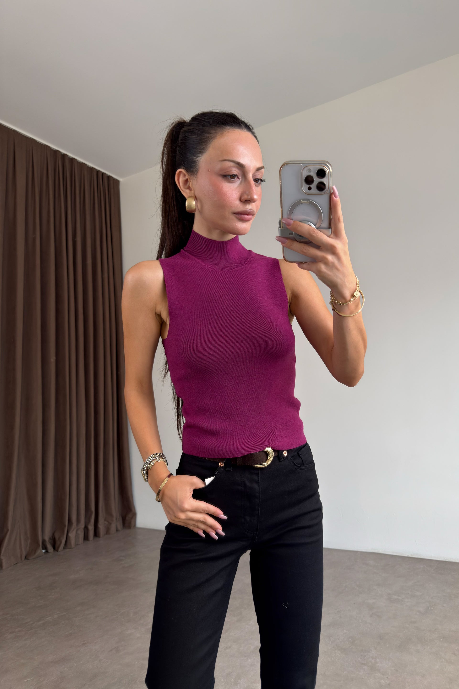 Modal Dokulu Örme Mürdüm Dik Yaka Body