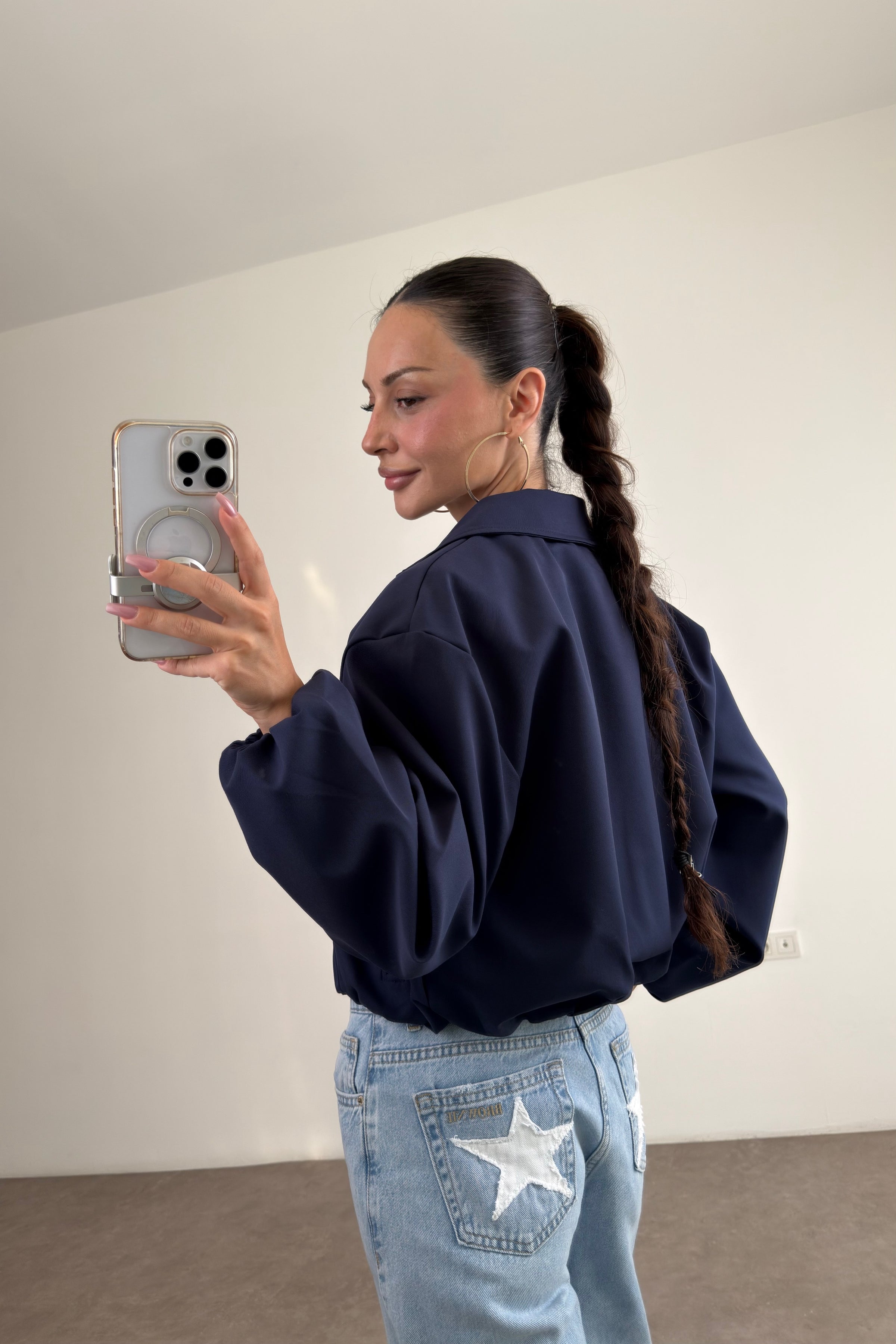 Premium Polo Yaka Lacivert Bomber Ceket