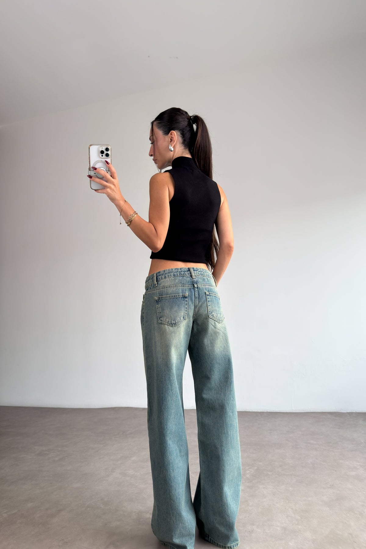 Premium Düşük Bel Vintage Blue Baggy Jean
