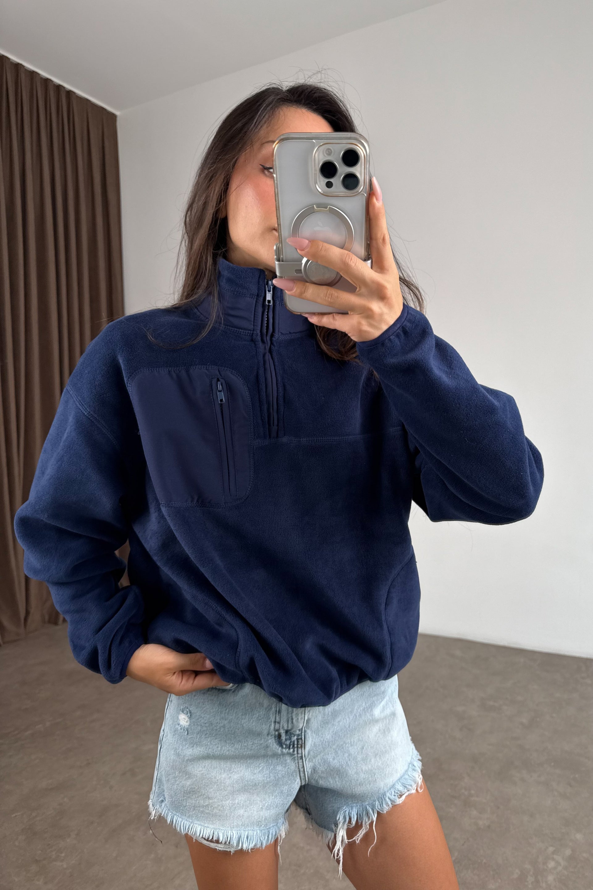 Fermuarlı Dik Yakalı Mavi Polar Sweat