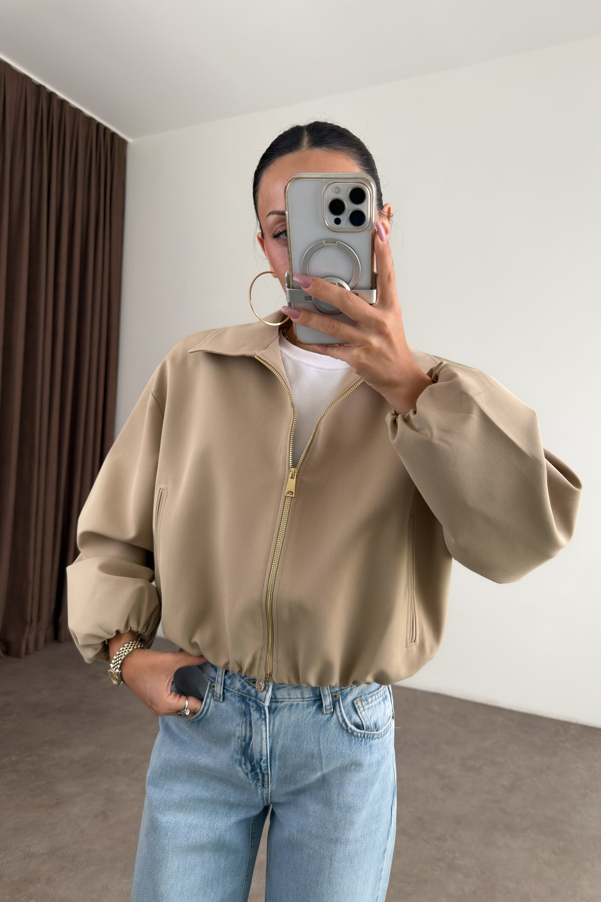 Premium Polo Yaka Bej Bomber Ceket