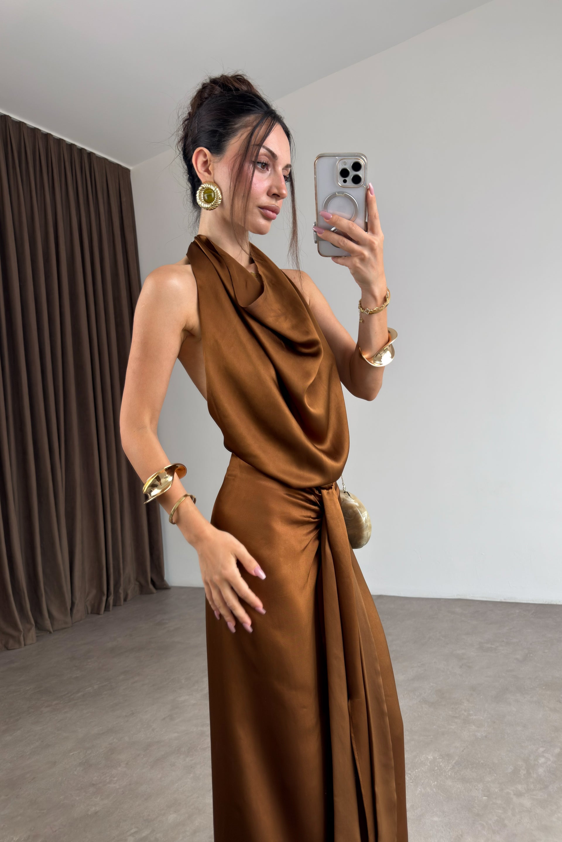 Zra Orj. Bronz Saten Degaje Yaka Sırt Dekolteli Elbise