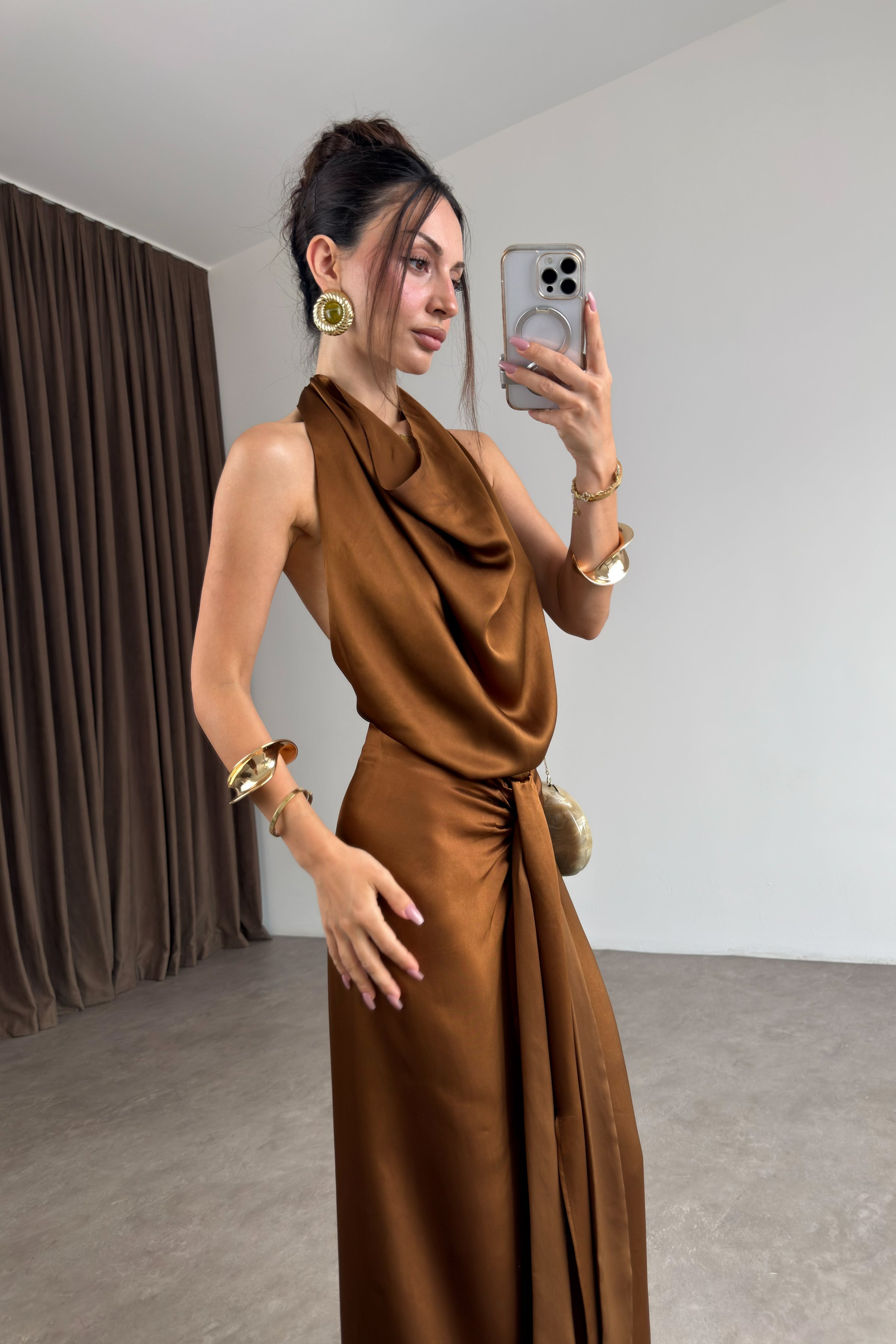 Zra Orj. Bronz Saten Degaje Yaka Sırt Dekolteli Elbise