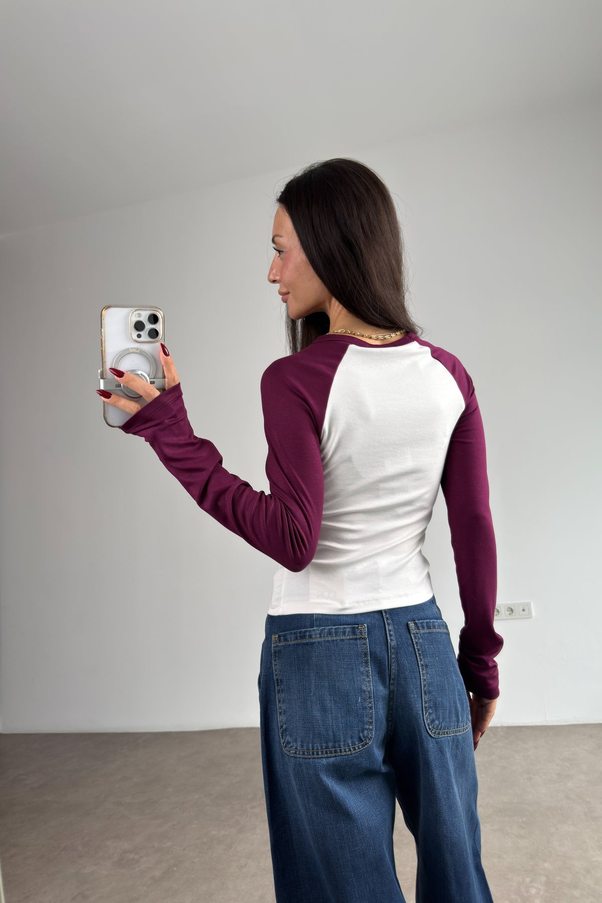 Raglan Kollu Bordo Beyaz Body