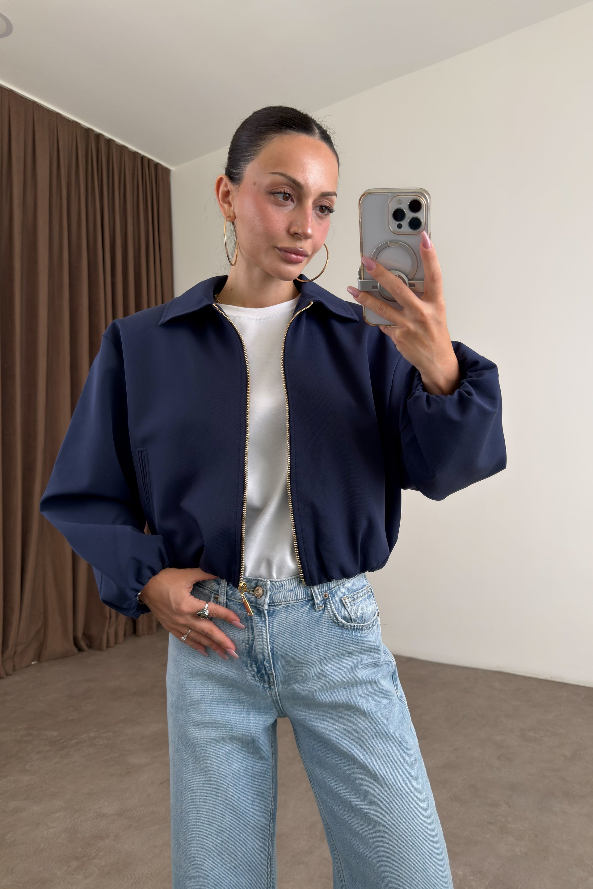 Premium Polo Yaka Lacivert Bomber Ceket