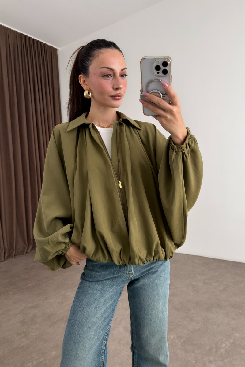 Orj Marka Olive Tensel Dökümlü Bomber Ceket