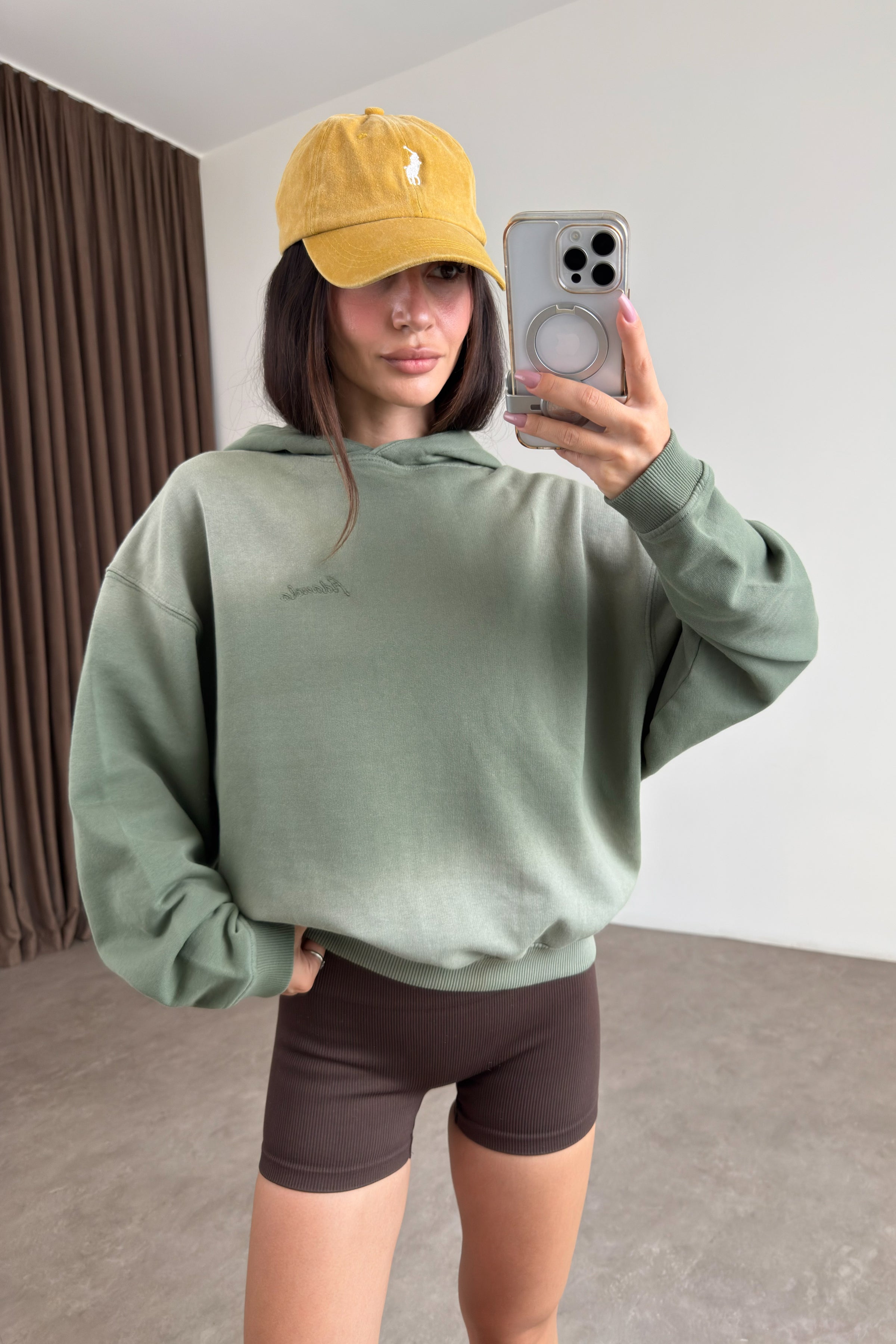 Orijinal Marka Kapüşonlu Asit Efektli Yeşil Sweatshirt