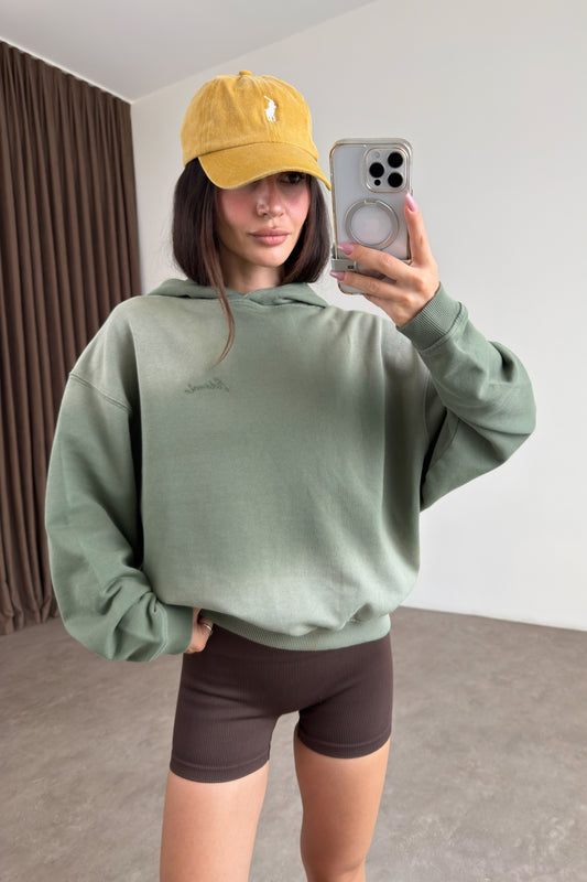 Orijinal Marka Kapüşonlu Asit Efektli Yeşil Sweatshirt
