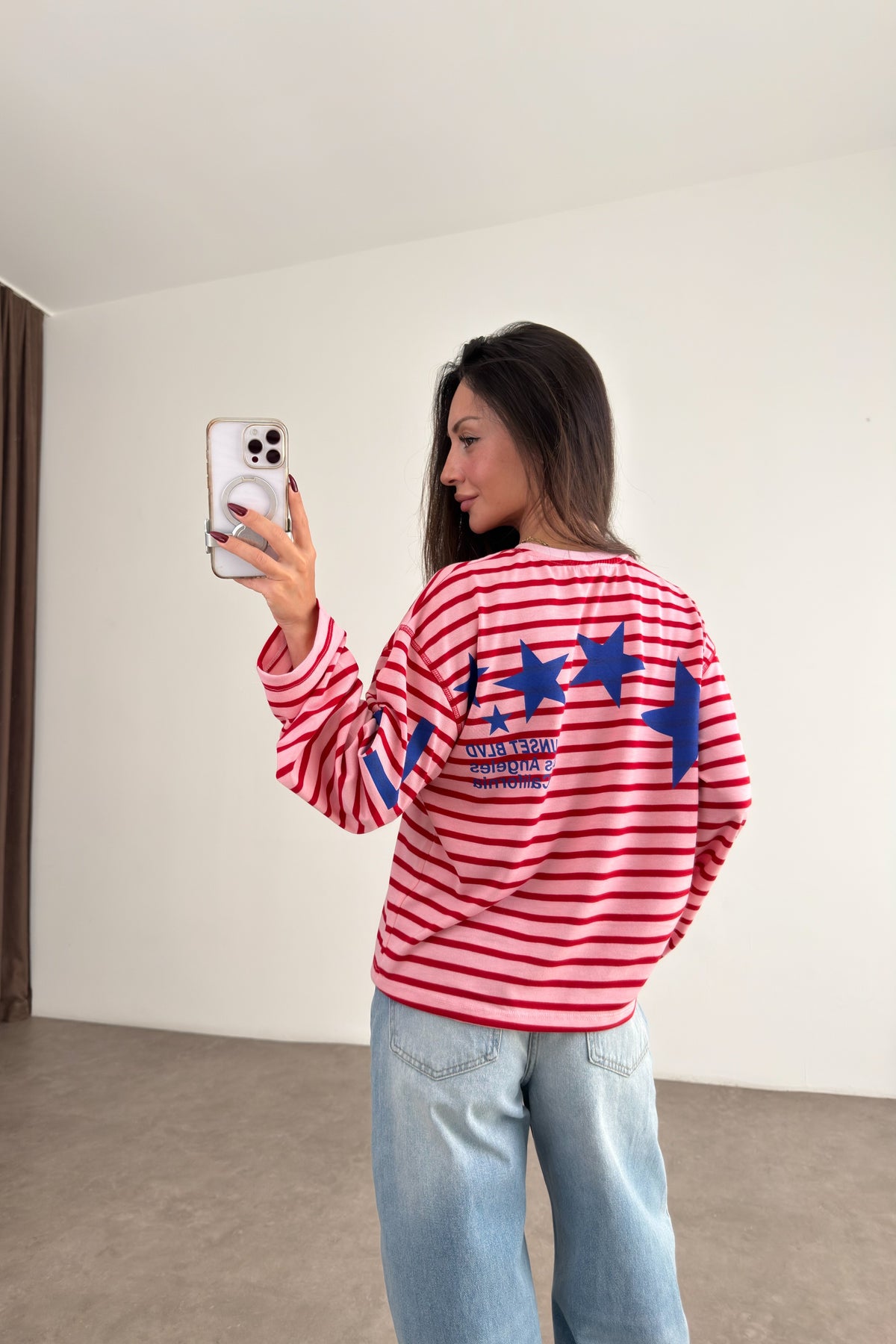 LA Pembe Kırmızı Çizgili Sweatshirt