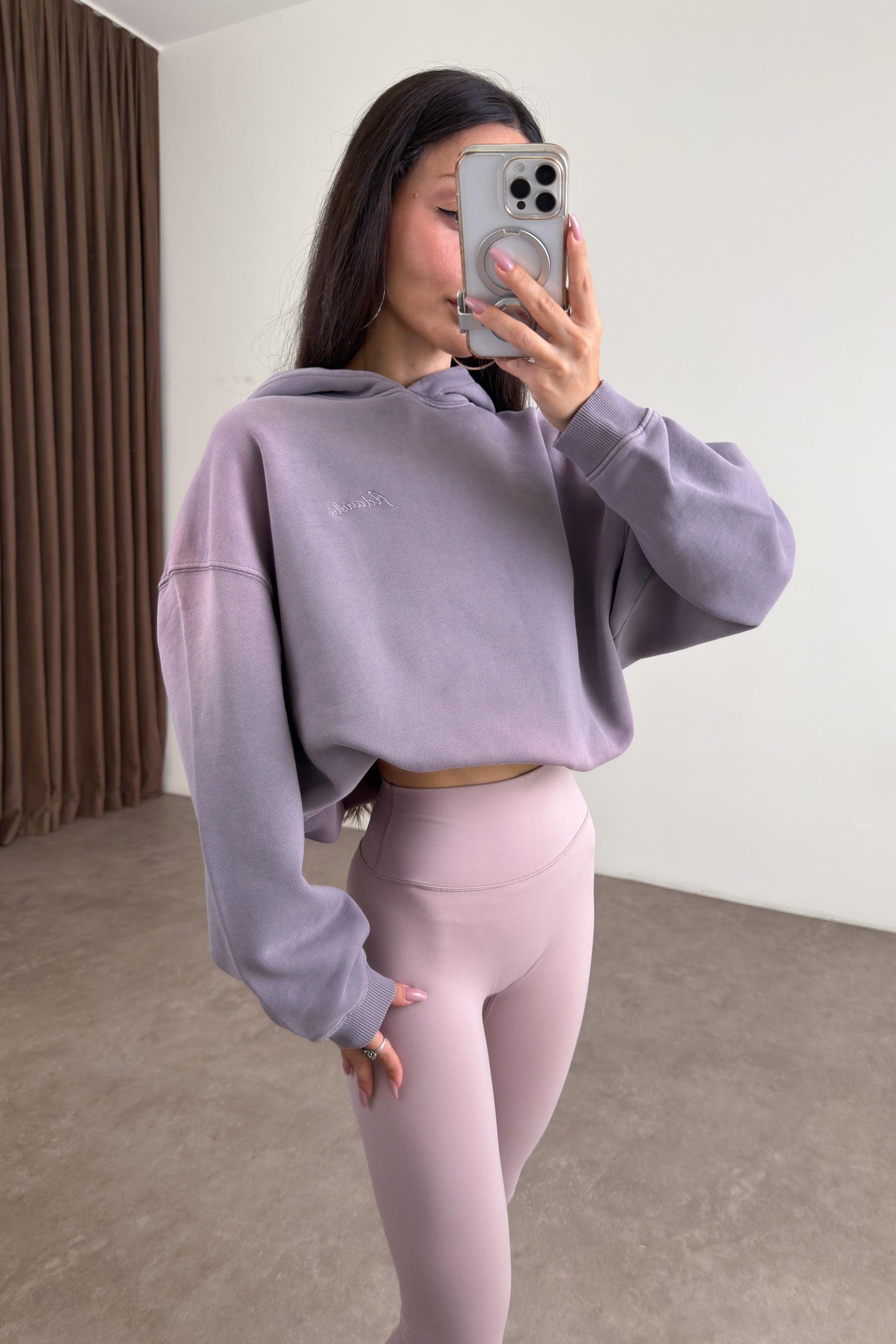 Orijinal Marka Kapüşonlu Asit Efektli Lila Sweatshirt