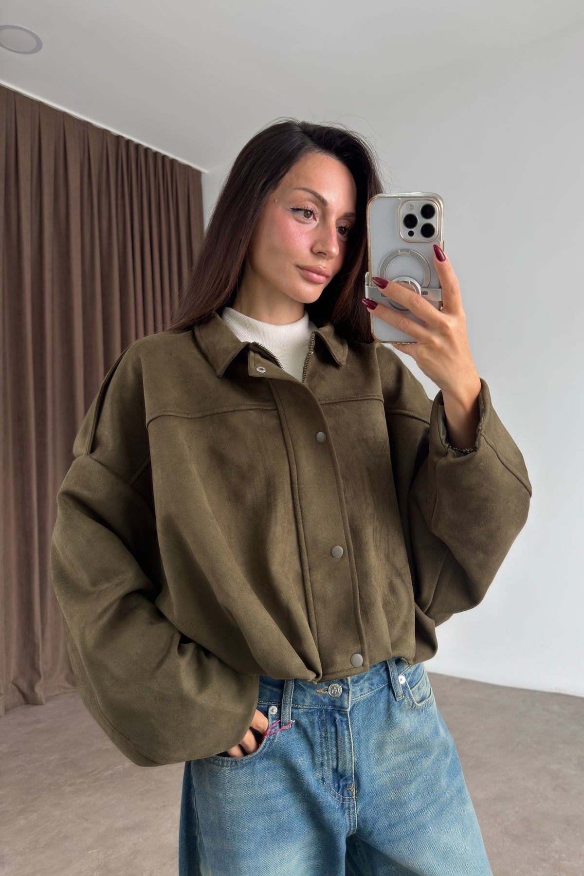 Premium Haki Süet Bomber Ceket