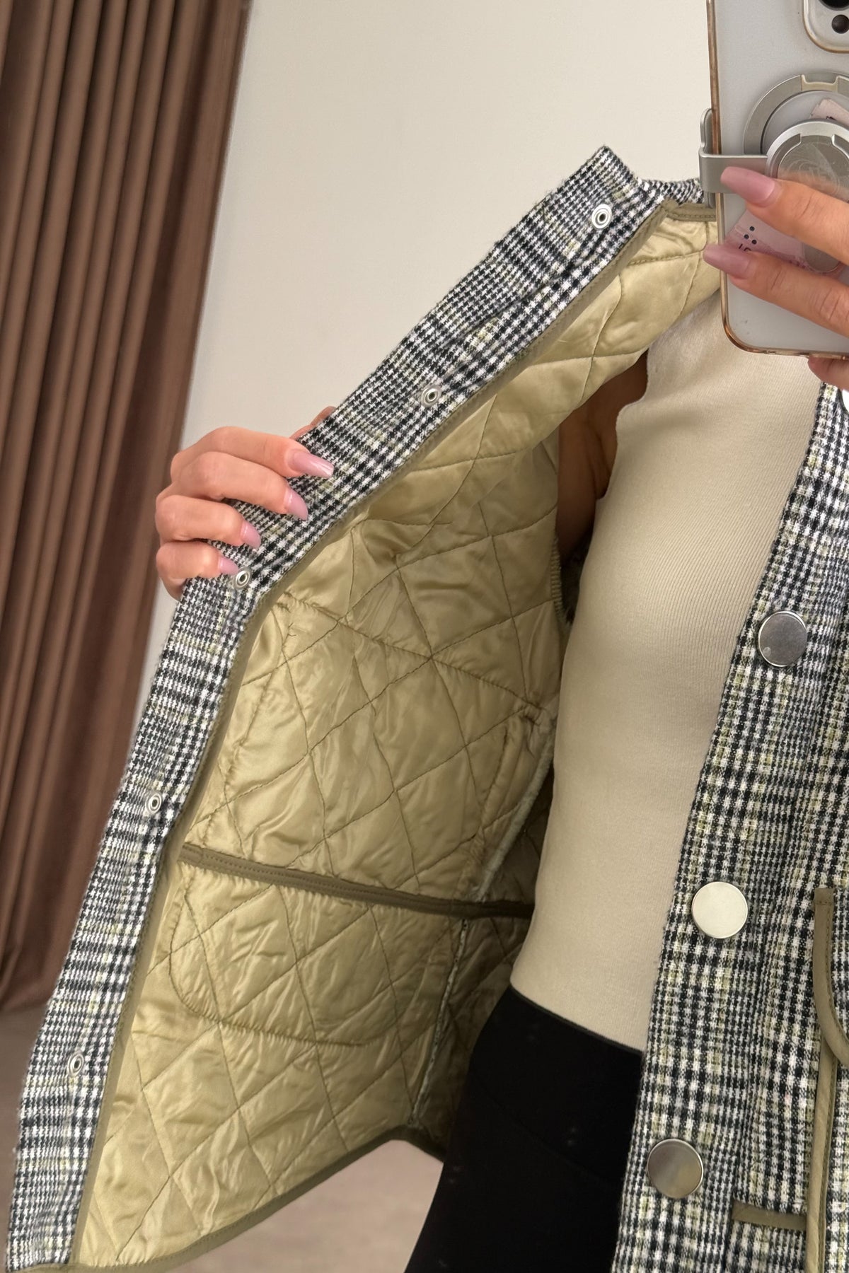 Premium Yeşil Ekoseli Polo Yaka Kapitone Ceket