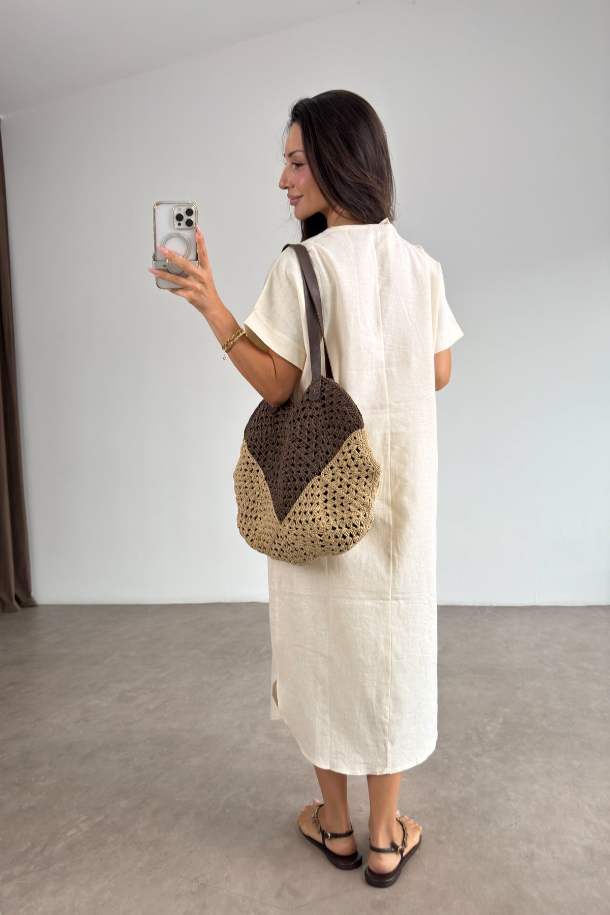 Premium Linen Keten Elbise Beyaz