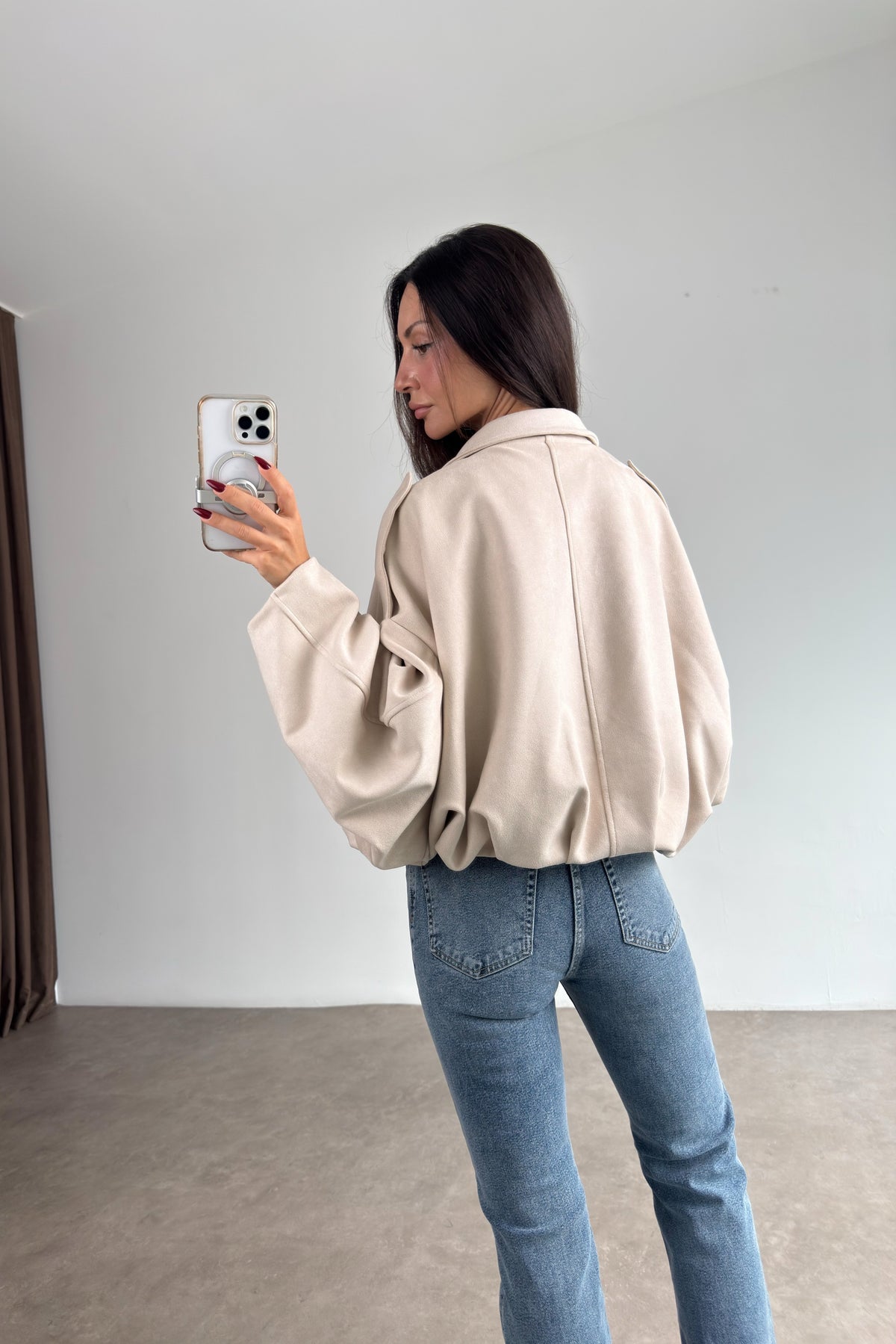 Premium Bej Süet Bomber Ceket