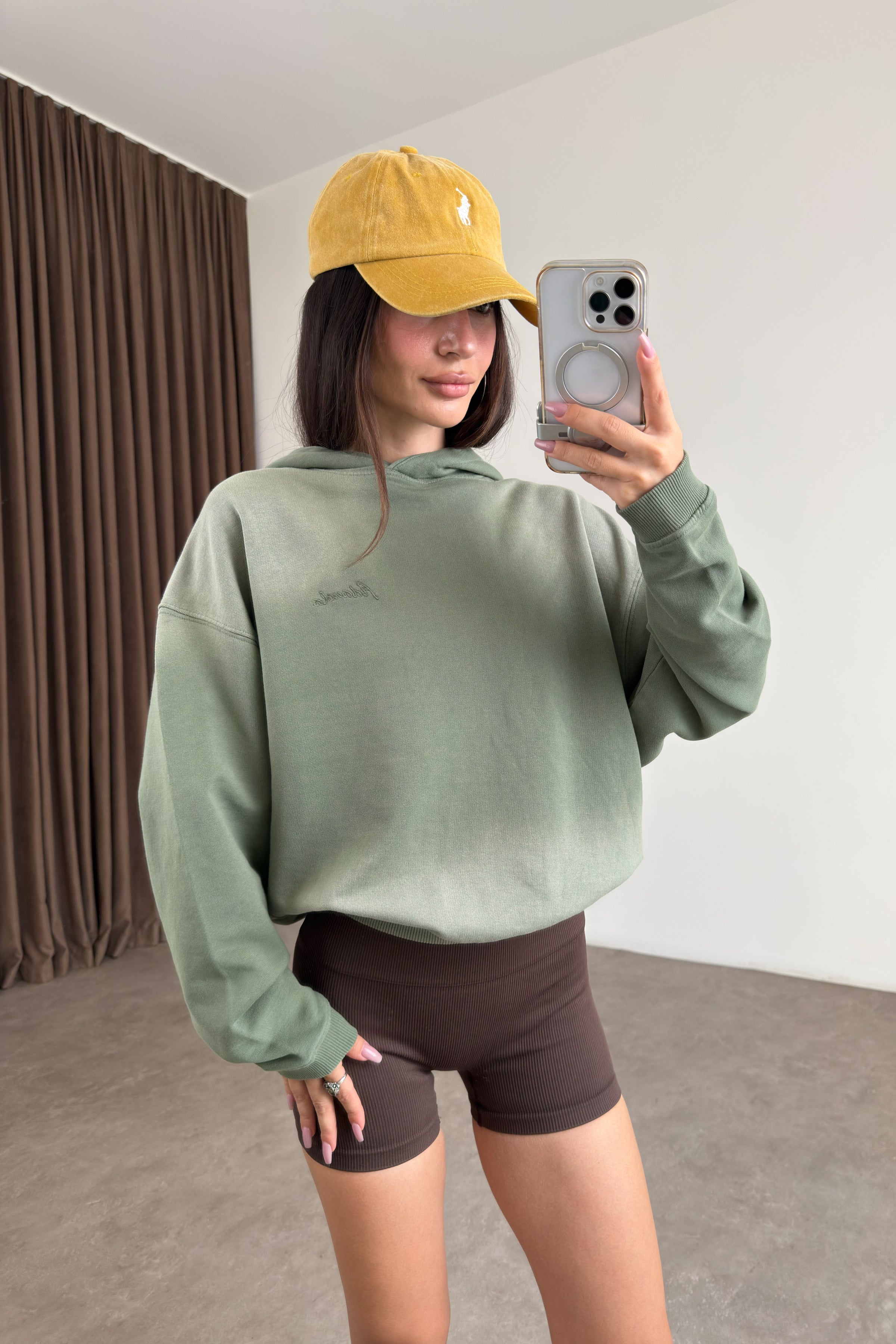 Orijinal Marka Kapüşonlu Asit Efektli Yeşil Sweatshirt