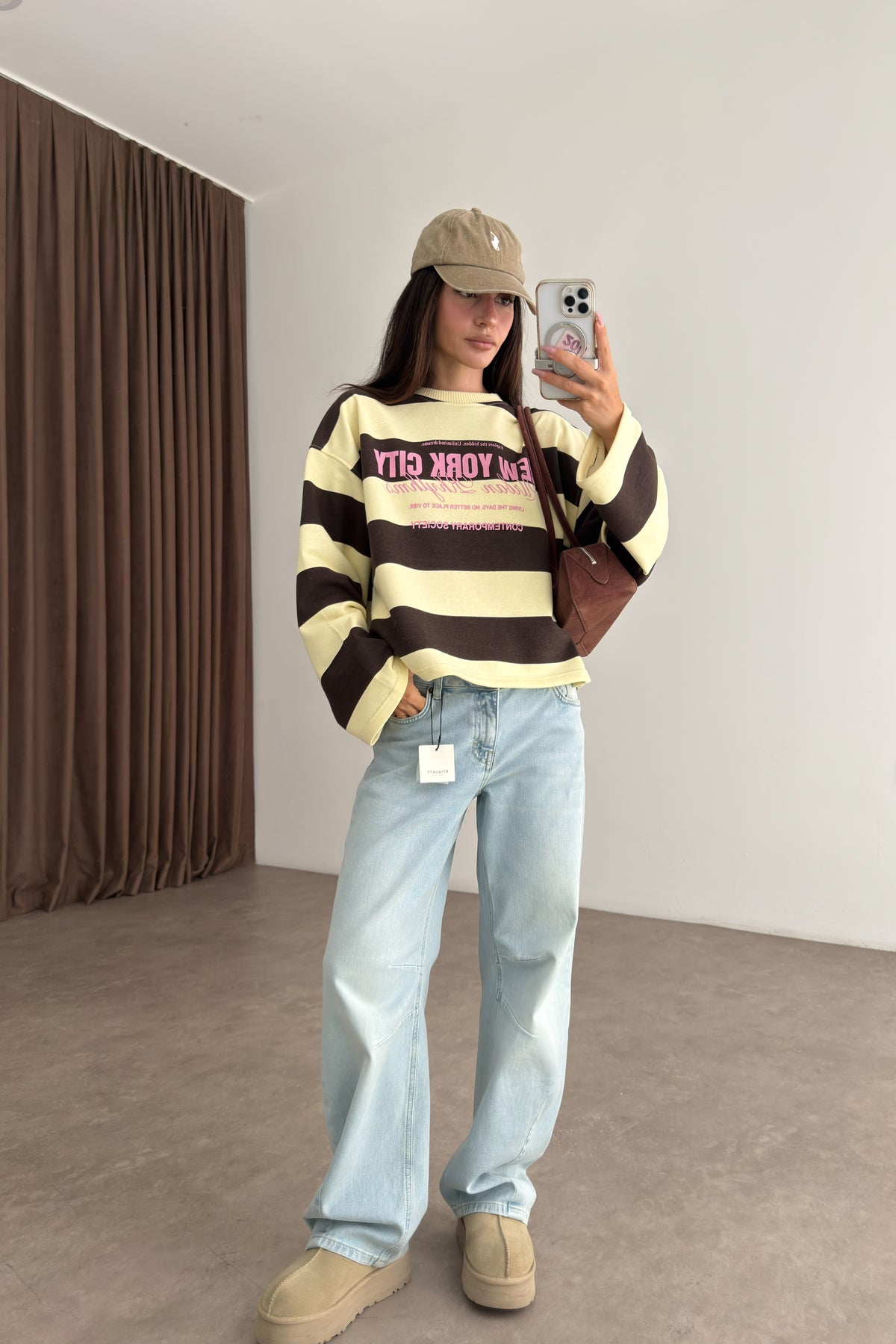NYC Sarı Kahve Çizgili Sweatshirt