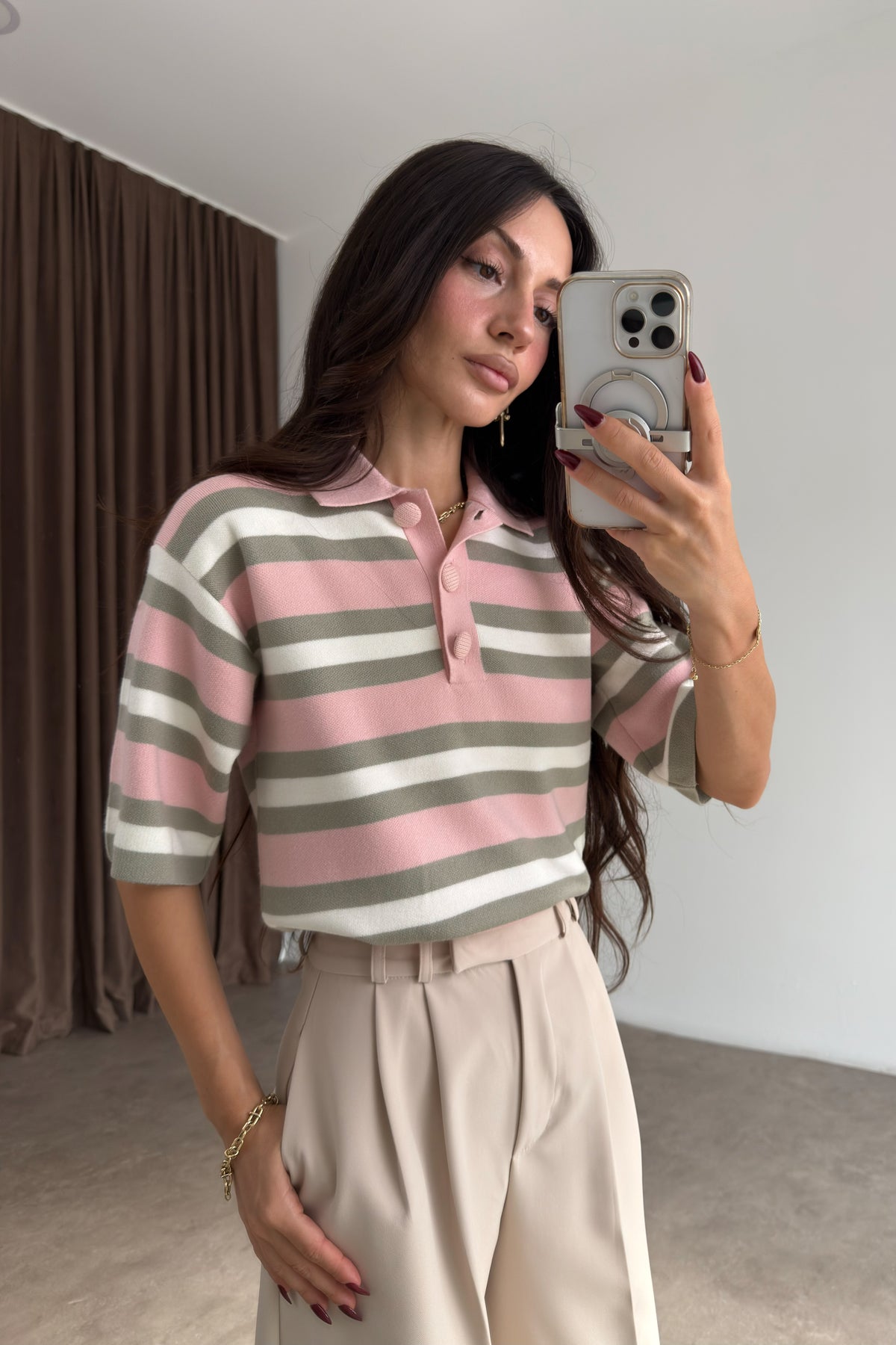 Asos Orj Pembe Çizgili Polo Yaka Kazak