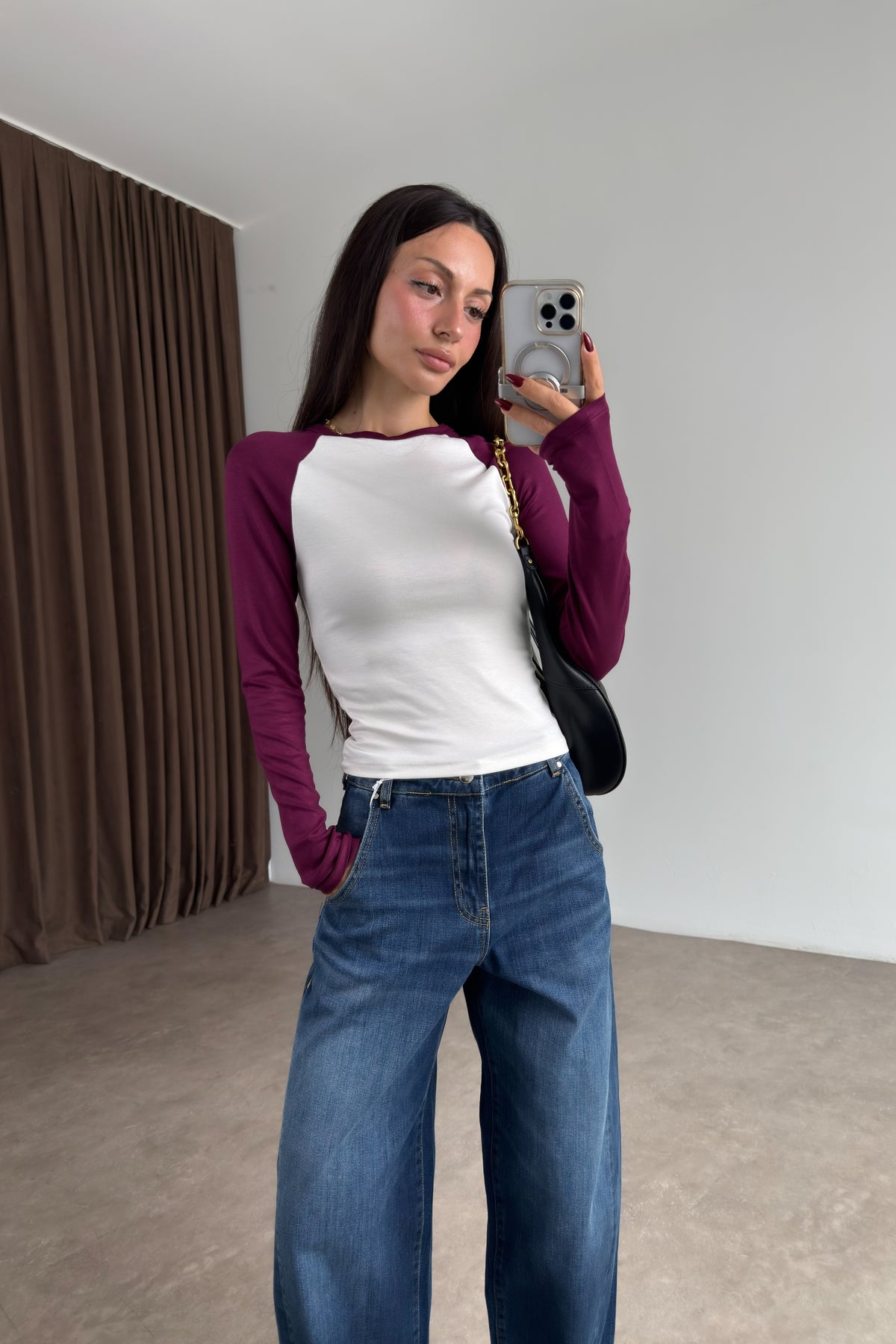 Raglan Kollu Bordo Beyaz Body