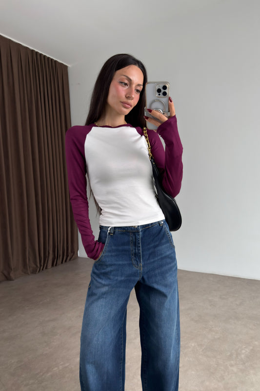 Raglan Kollu Bordo Beyaz Body