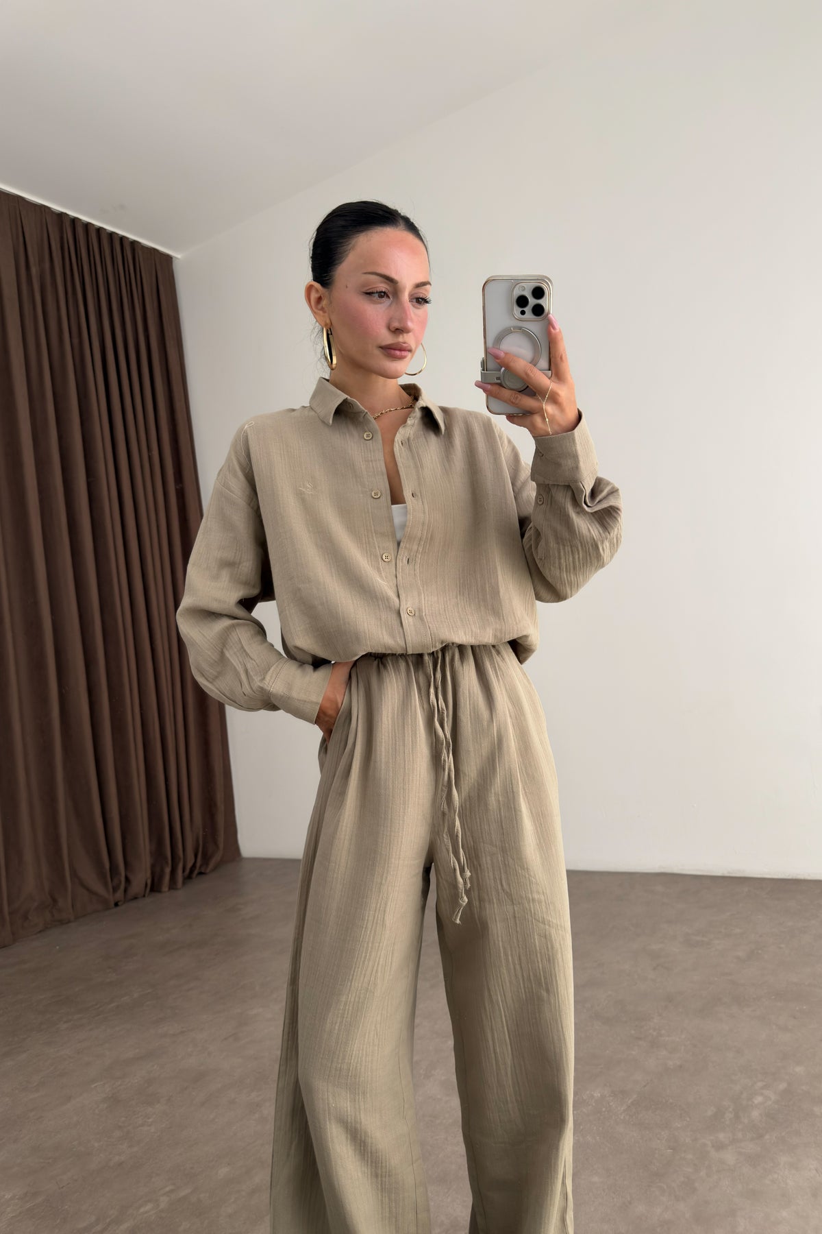 Bymn Oversize Müslin Gömlek Pantolon Çağla Takım