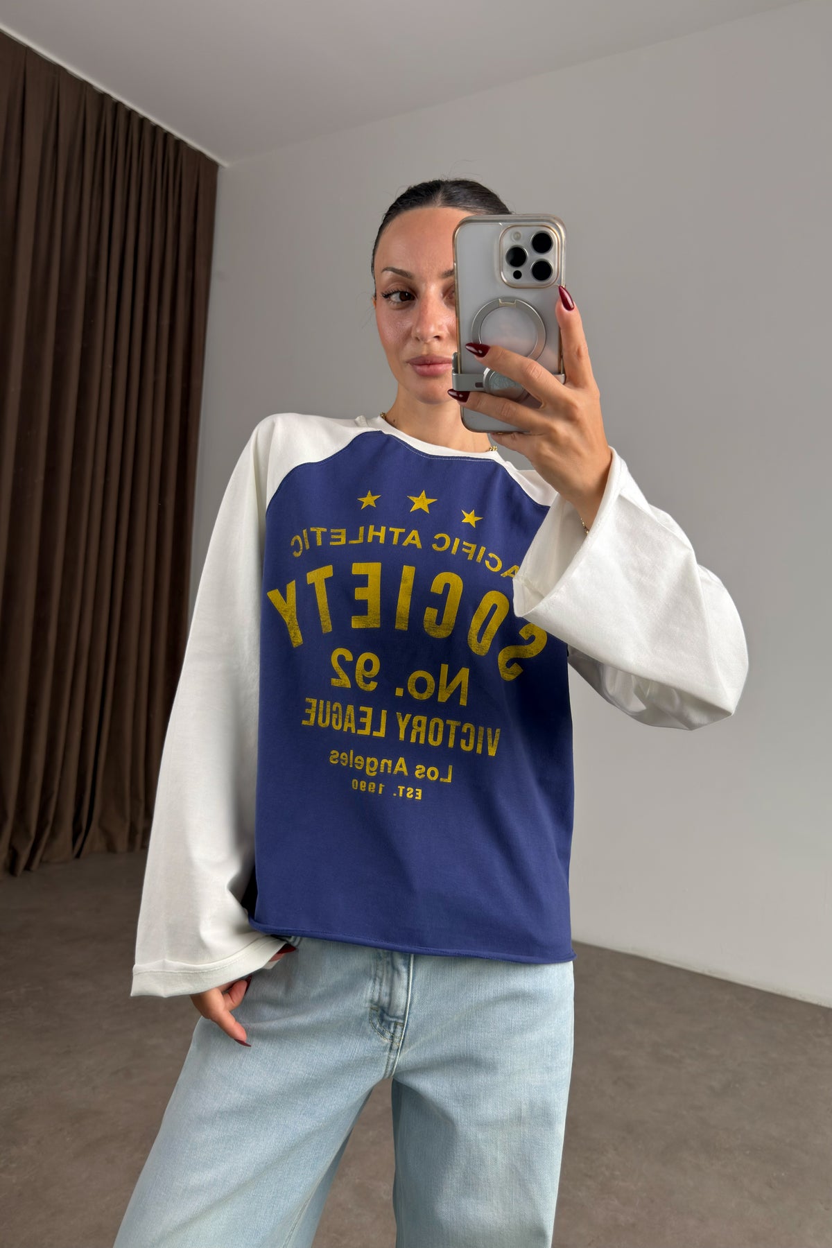 Brshk Beyaz Mavi Beyzbol Sweatshirt