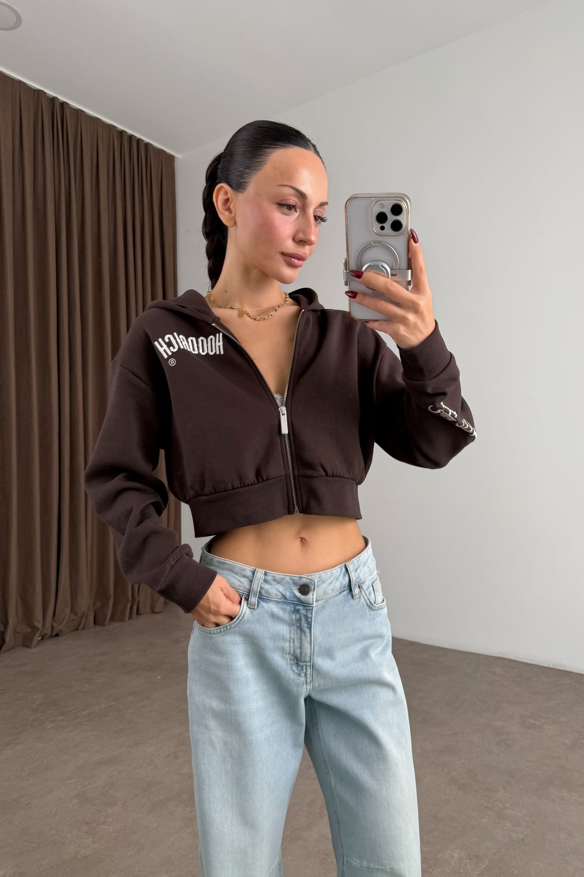 Hoodrich Şardonlu Nakış Detaylı Kahve Fermuarlı Sweatshirt
