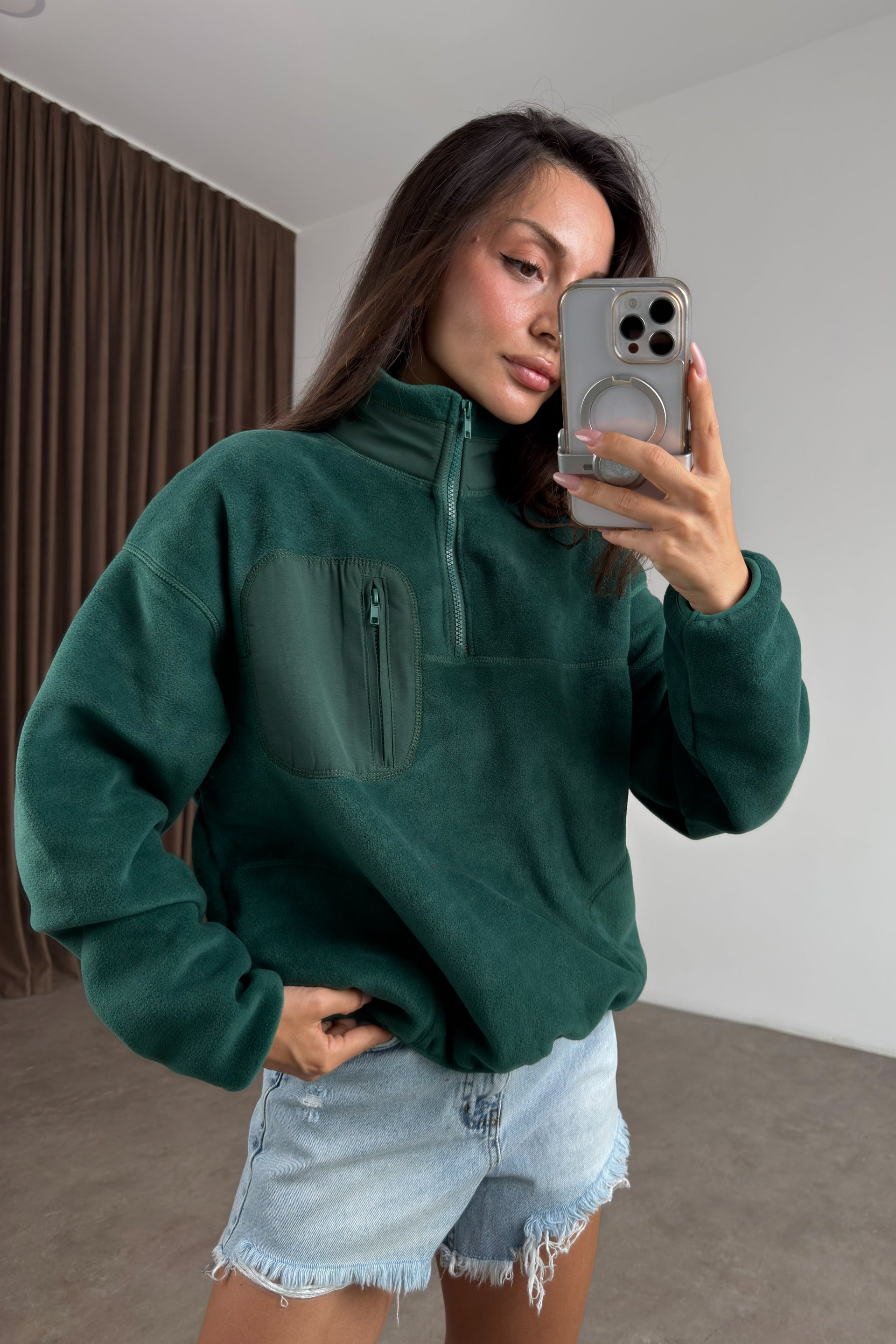 Fermuarlı Dik Yakalı Yeşil Polar Sweat
