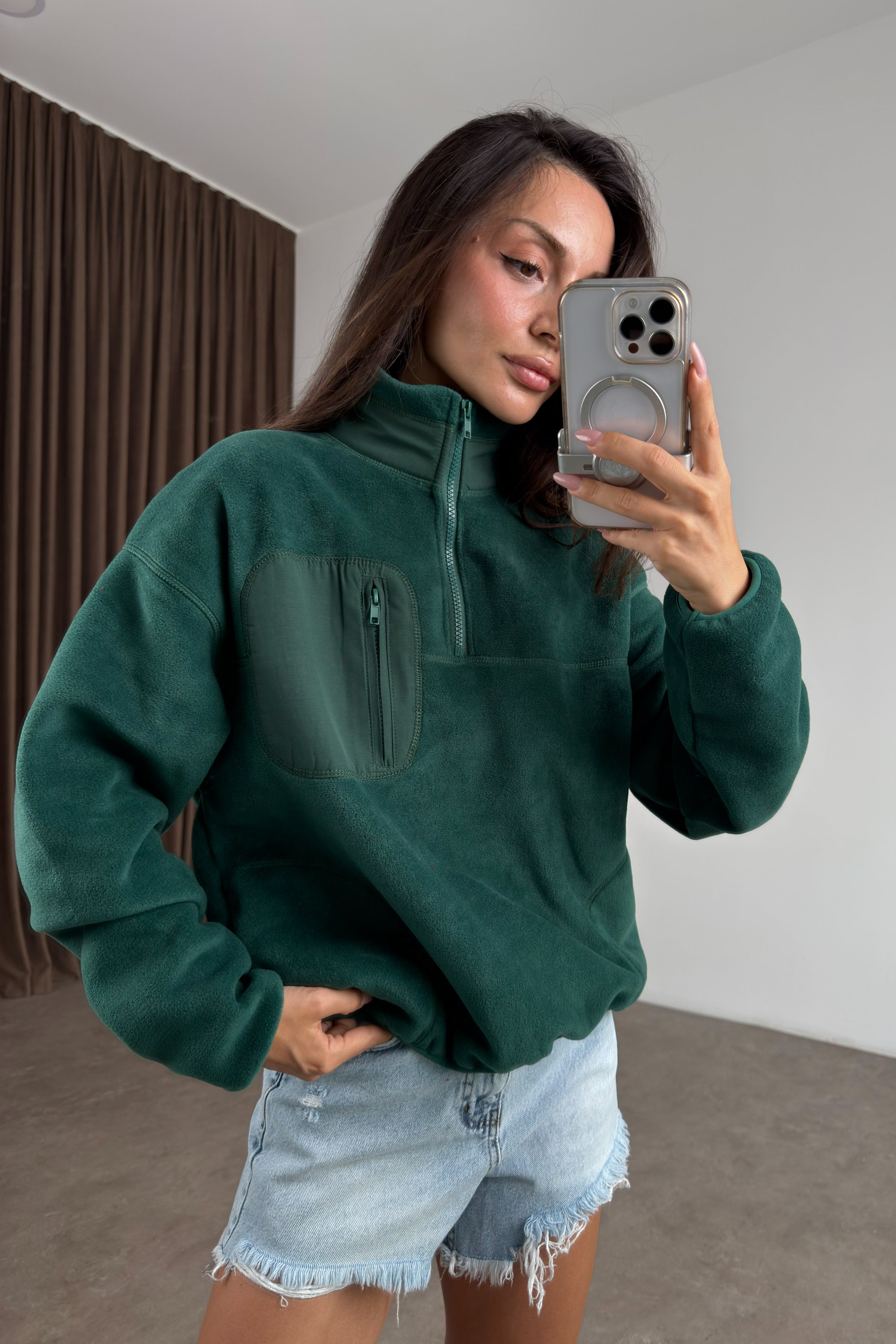 Fermuarlı Dik Yakalı Yeşil Polar Sweat