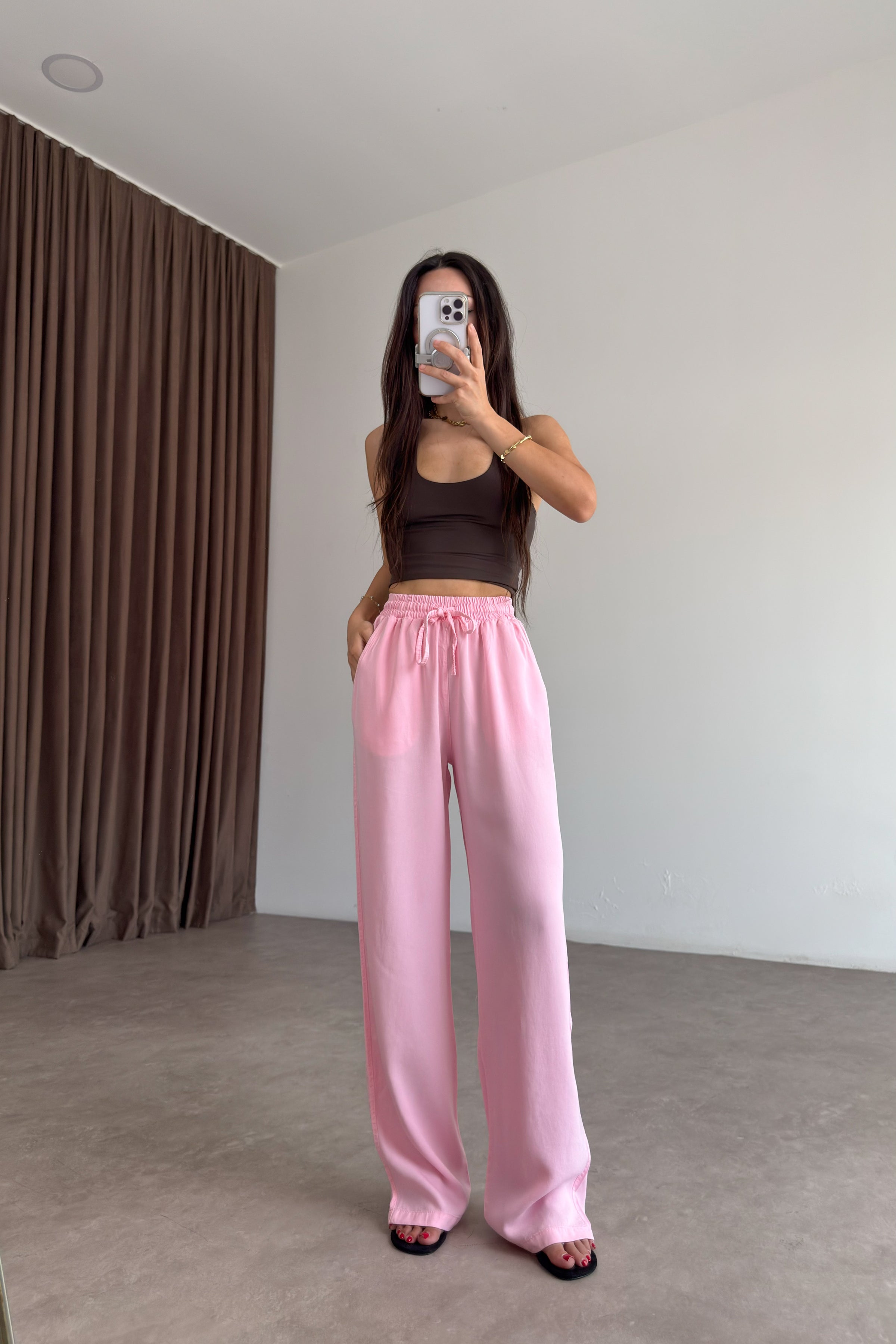 Mssmo Yüksek Bel Pamuk Pembe Tensel Pantolon