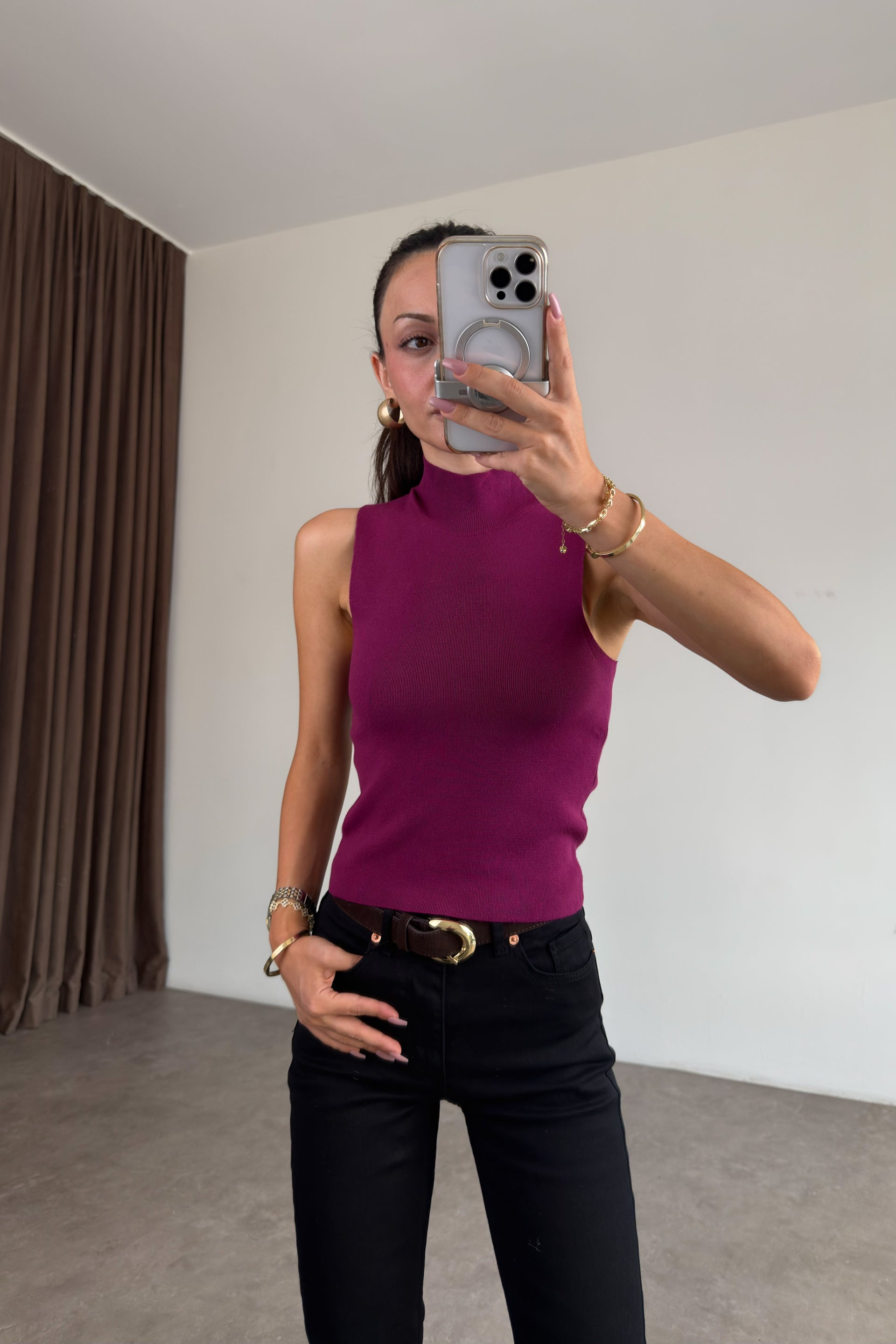Modal Dokulu Örme Mürdüm Dik Yaka Body