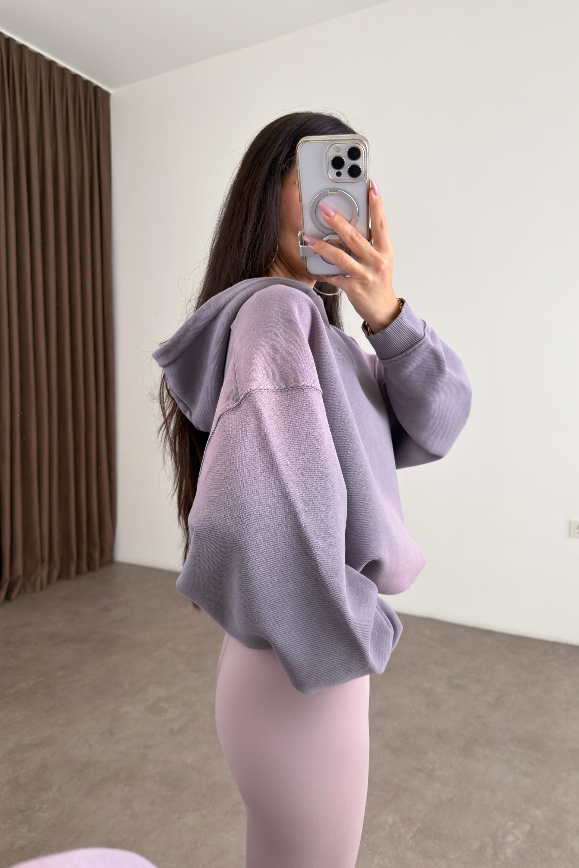 Orijinal Marka Kapüşonlu Asit Efektli Lila Sweatshirt