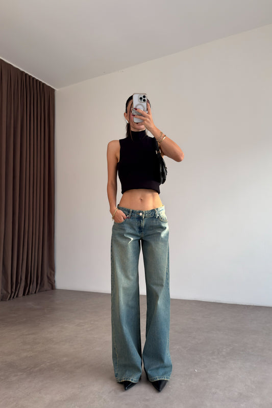 Premium Düşük Bel Vintage Blue Baggy Jean
