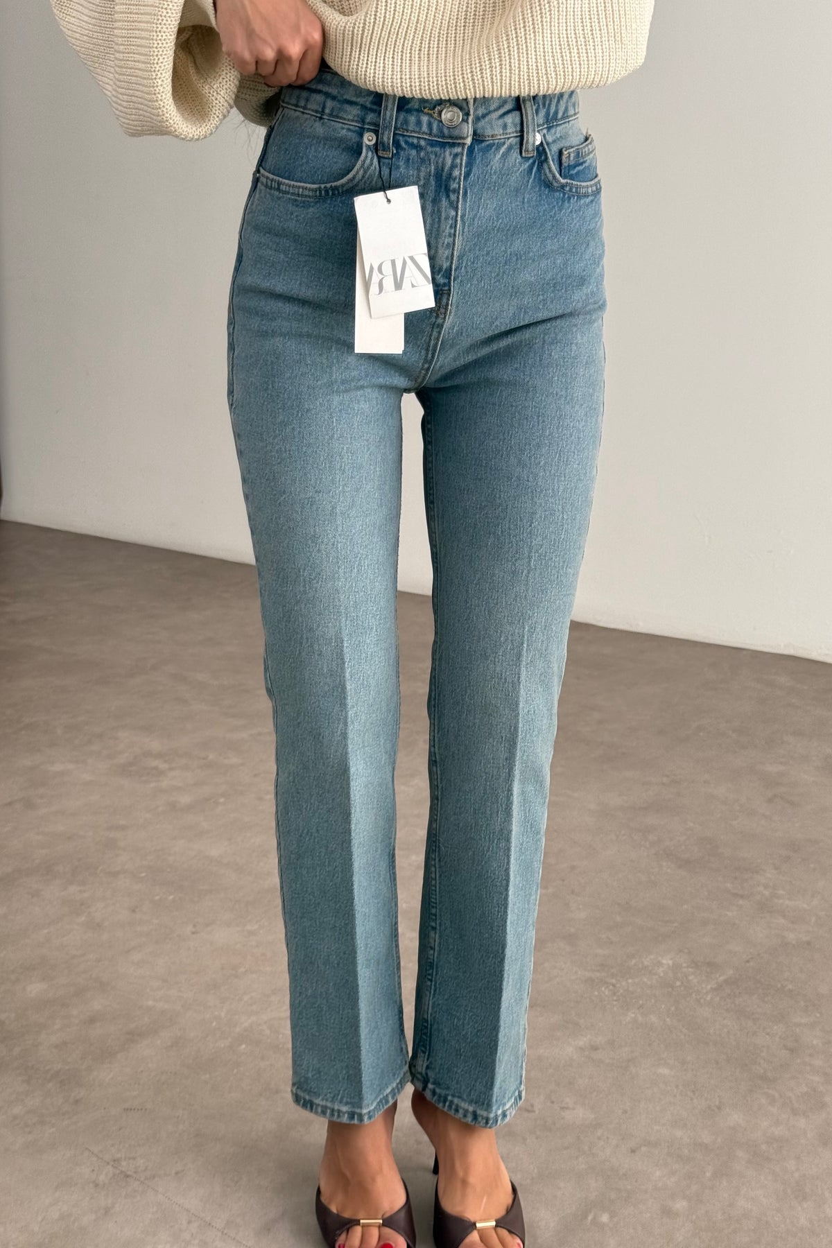 Zra Orj. Teal Blue Yüksek Belli Mom Fit Jean