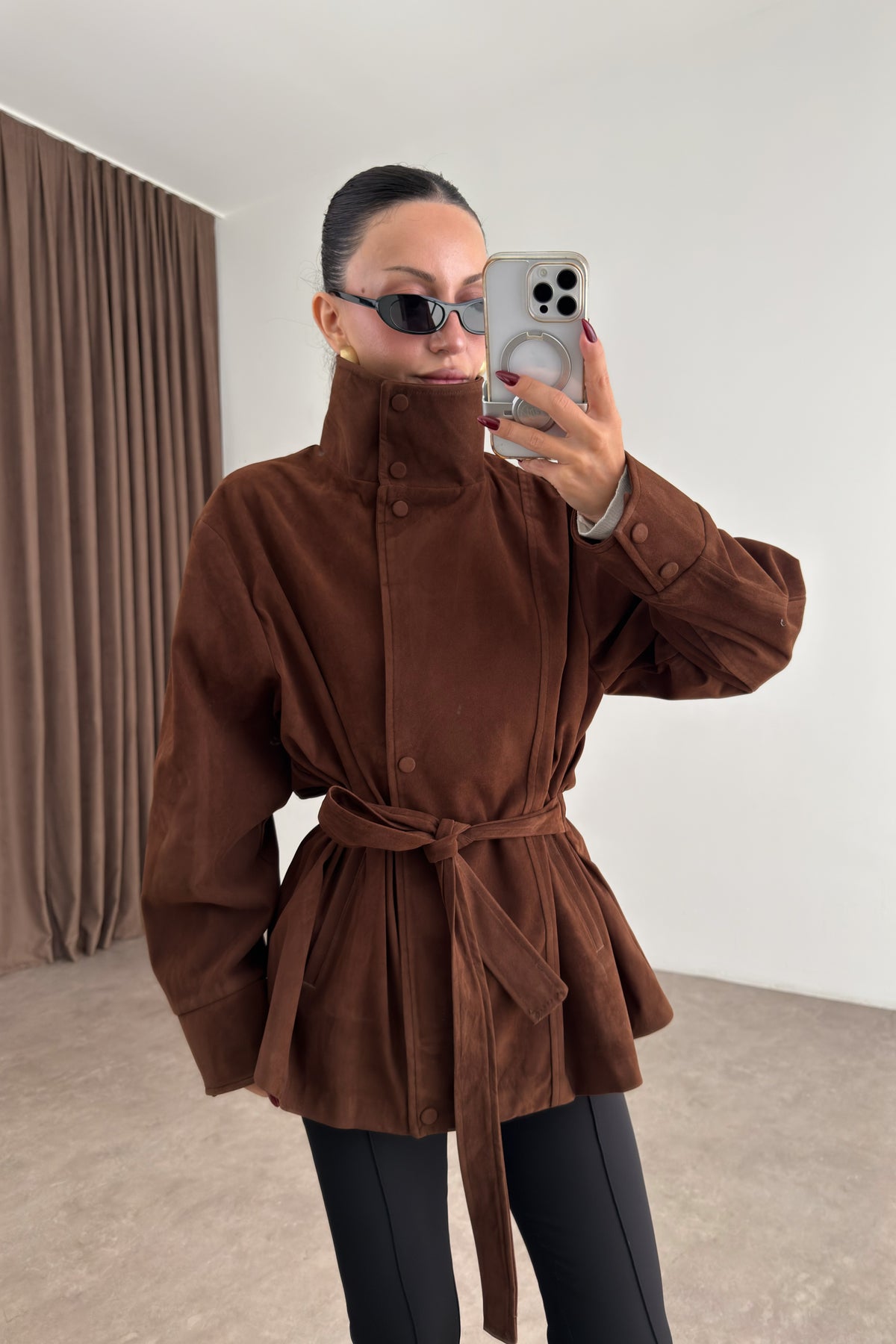 Premium Dik Yakalı Bele Oturan Süet Kahve Ceket